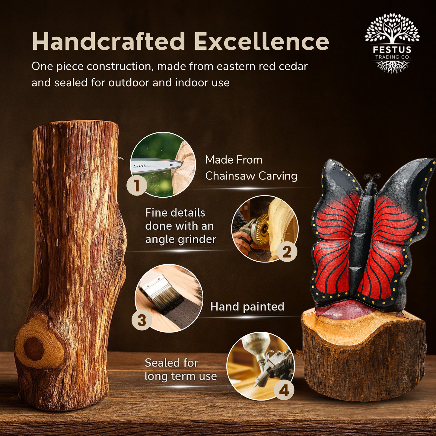 Solo Butterfly Cedar Chainsaw Carving – Handmade Rustic Outdoor Décor in Blue, Purple & Black