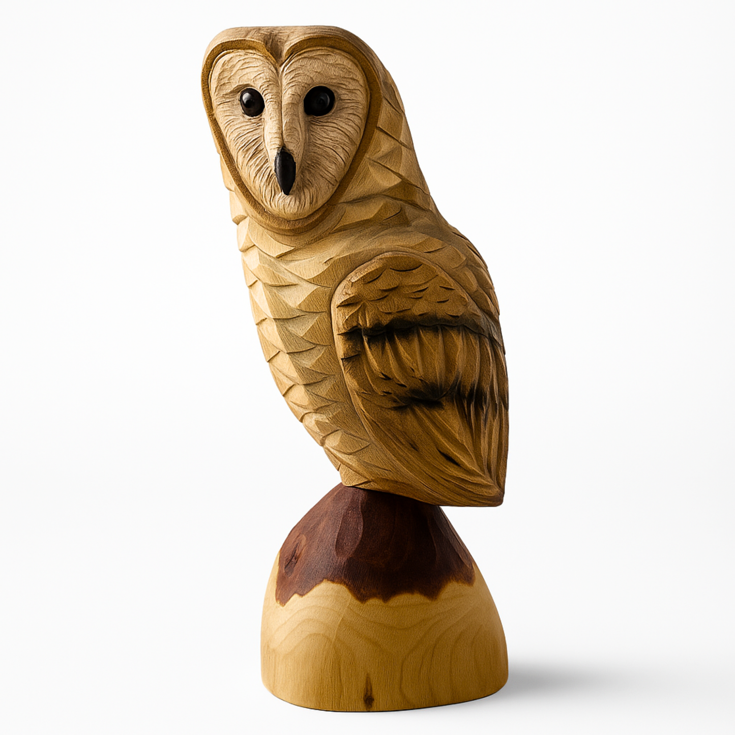 Barn Owl Chainsaw Carving on Cedar Stump – Rustic Handmade Wooden Owl Décor – Wildlife Wood Sculpture Gift