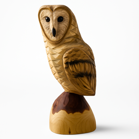 Barn Owl Chainsaw Carving on Cedar Stump – Rustic Handmade Wooden Owl Décor – Wildlife Wood Sculpture Gift