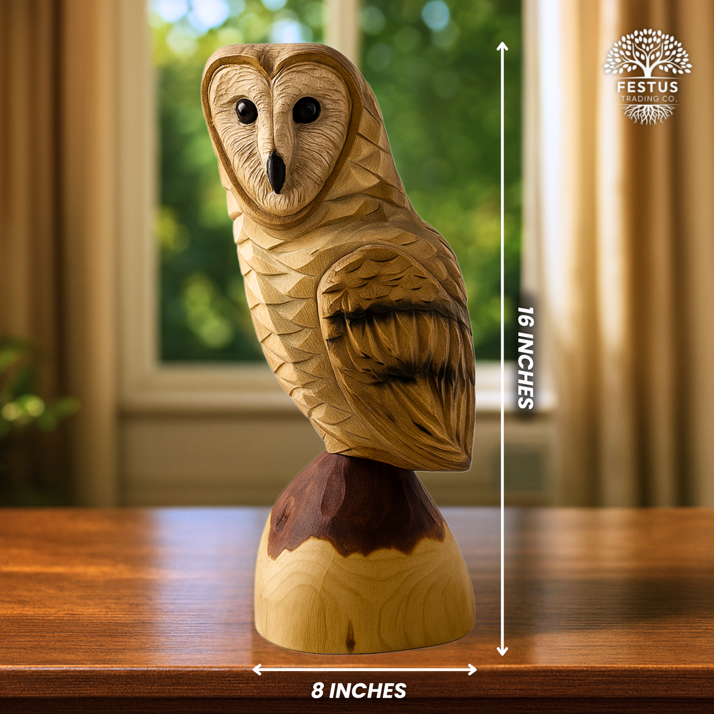 Barn Owl Chainsaw Carving on Cedar Stump – Rustic Handmade Wooden Owl Décor – Wildlife Wood Sculpture Gift