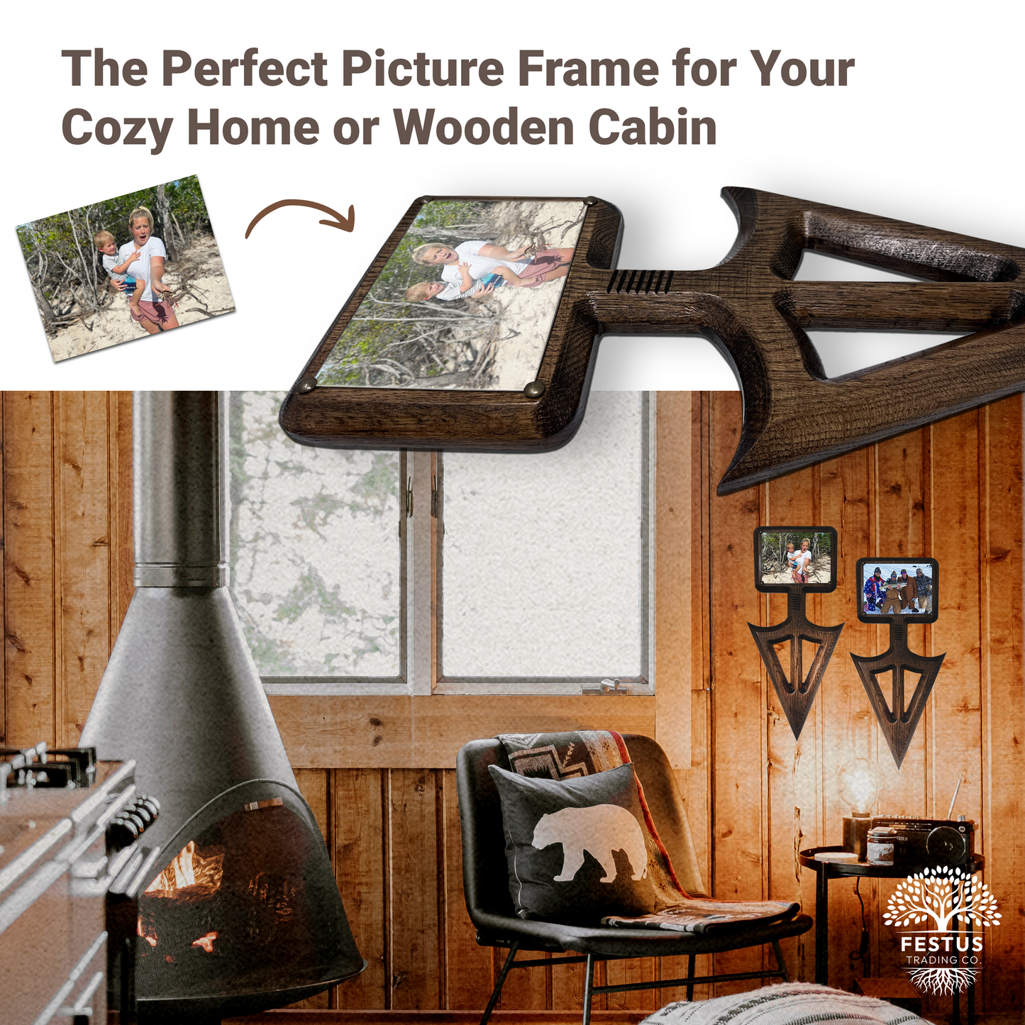 Rustic Arrowhead European Mount with 5x7 Wooden Picture Frame – Hunting Skull Hanger, Antler & Deer Mount Display, Made in USA
