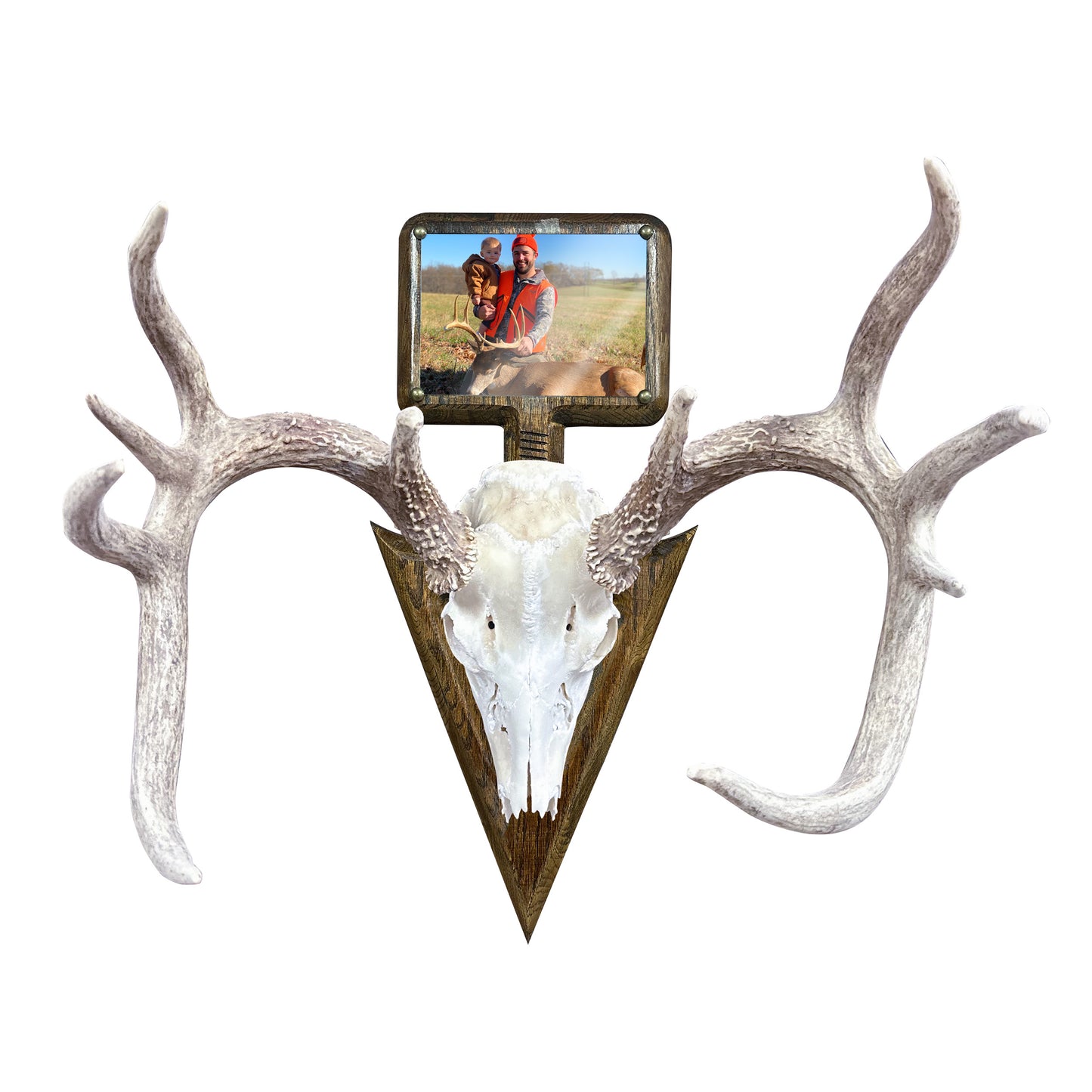 Rustic Arrowhead European Mount with 5x7 Wooden Picture Frame – Hunting Skull Hanger, Antler & Deer Mount Display, Made in USA
