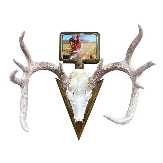 Rustic Arrowhead European Mount with 5x7 Wooden Picture Frame – Hunting Skull Hanger, Antler & Deer Mount Display, Made in USA