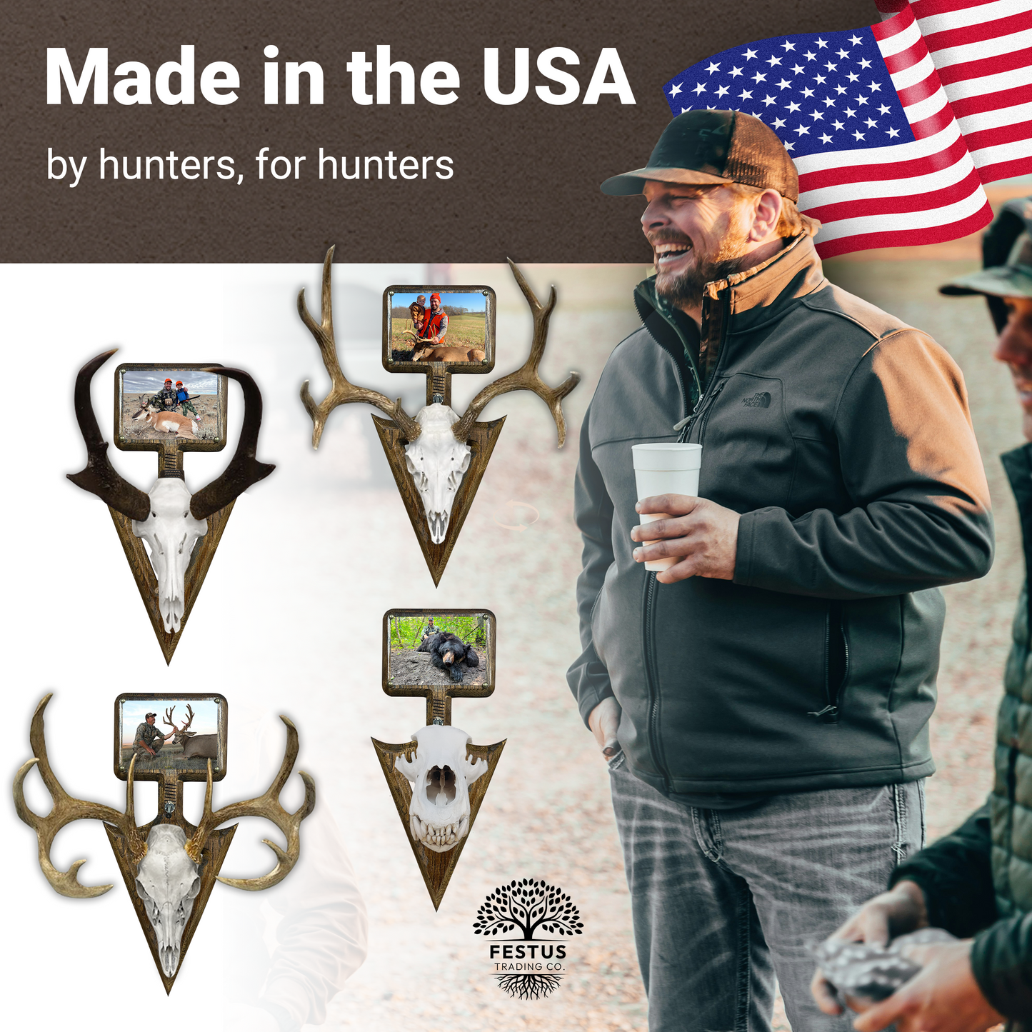Rustic Arrowhead European Mount with 5x7 Wooden Picture Frame – Hunting Skull Hanger, Antler & Deer Mount Display, Made in USA