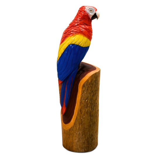 Colorful Parrot Chainsaw Carving – Hand-Painted Wooden Parrot on Cedar Log – Rustic Wildlife Décor & Bird Lover Gift