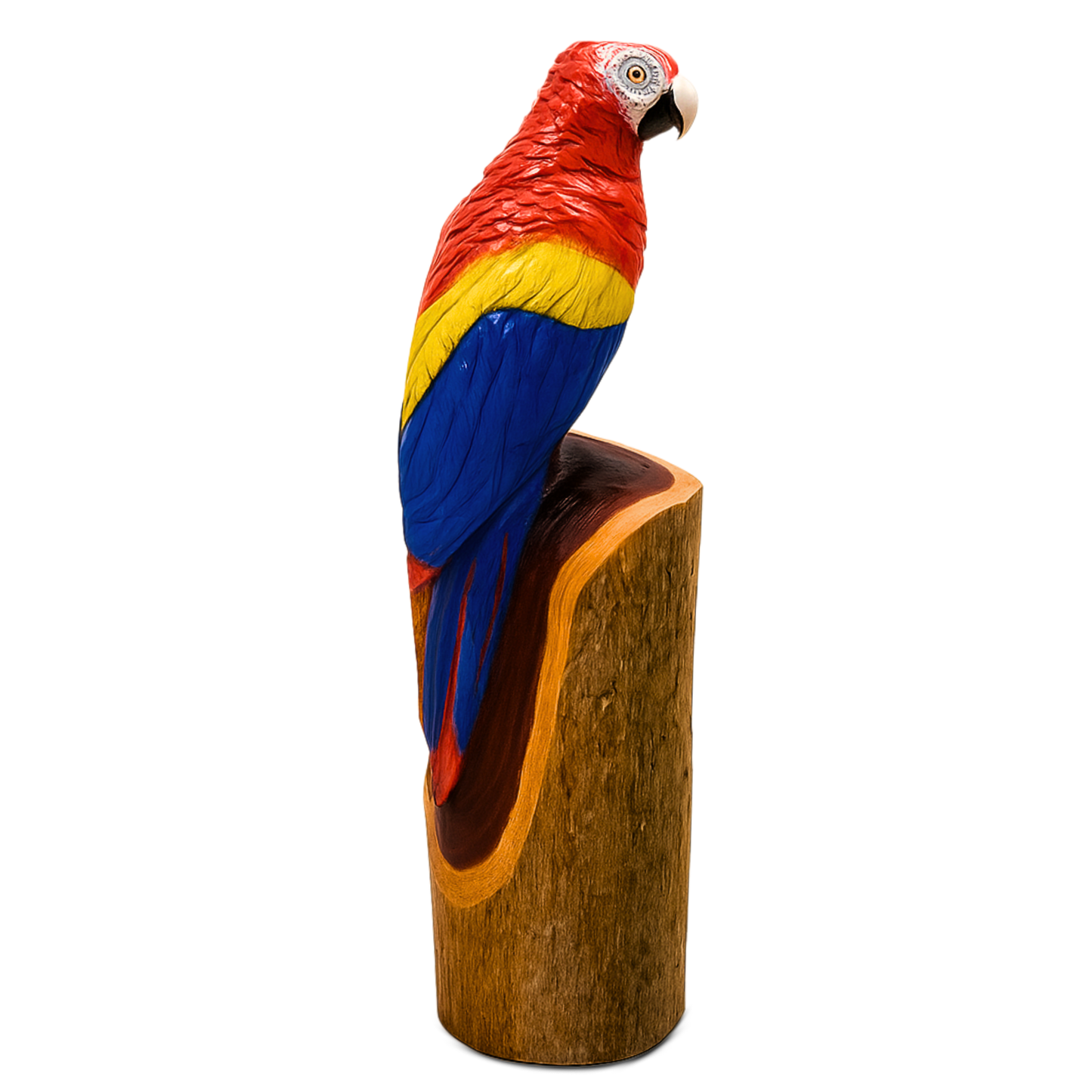 Colorful Parrot Chainsaw Carving – Hand-Painted Wooden Parrot on Cedar Log – Rustic Wildlife Décor & Bird Lover Gift
