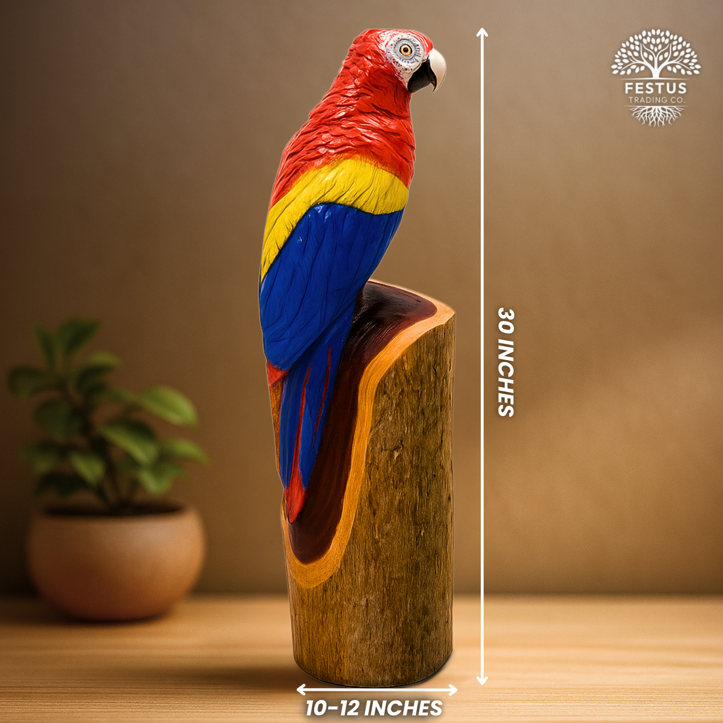 Colorful Parrot Chainsaw Carving – Hand-Painted Wooden Parrot on Cedar Log – Rustic Wildlife Décor & Bird Lover Gift
