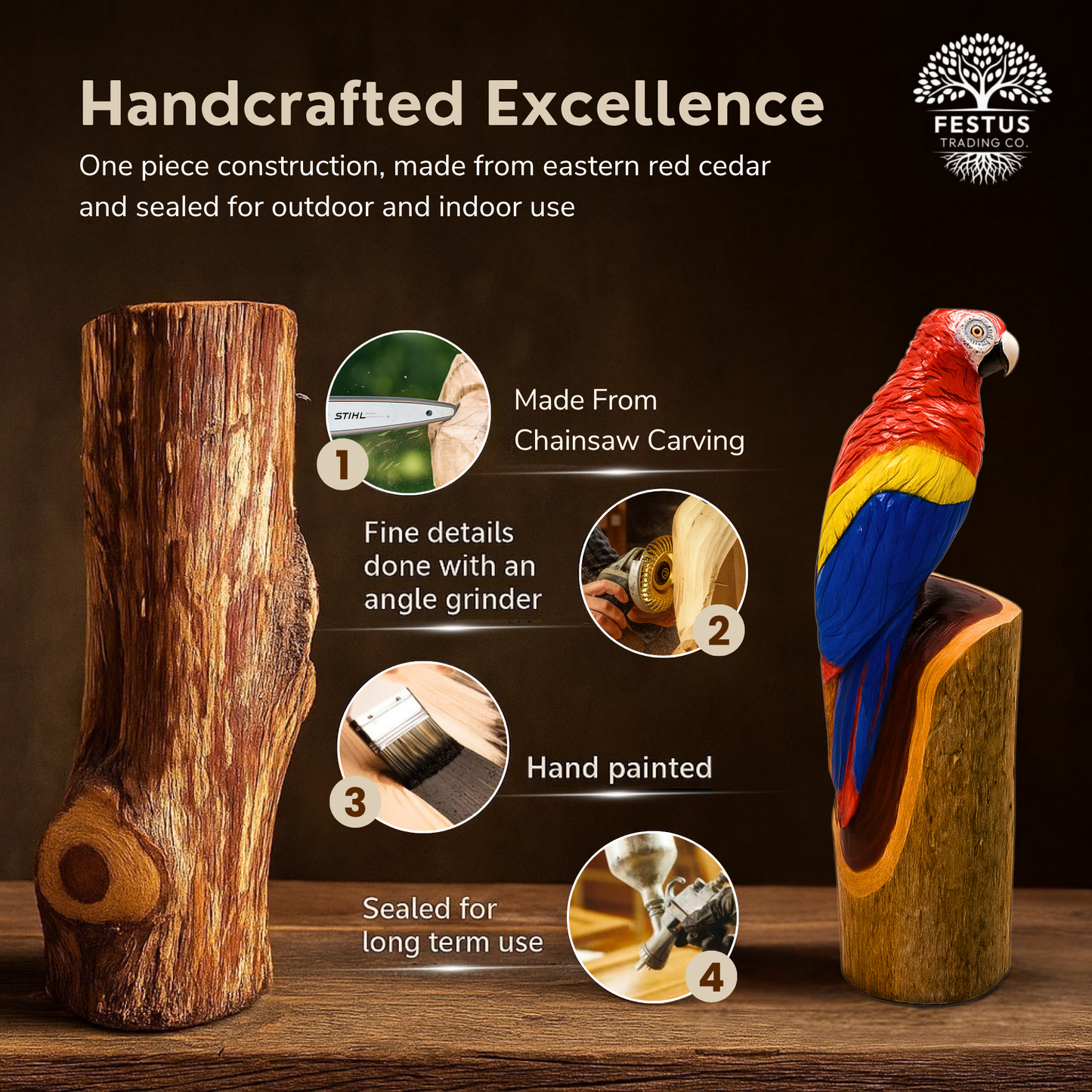 Colorful Parrot Chainsaw Carving – Hand-Painted Wooden Parrot on Cedar Log – Rustic Wildlife Décor & Bird Lover Gift