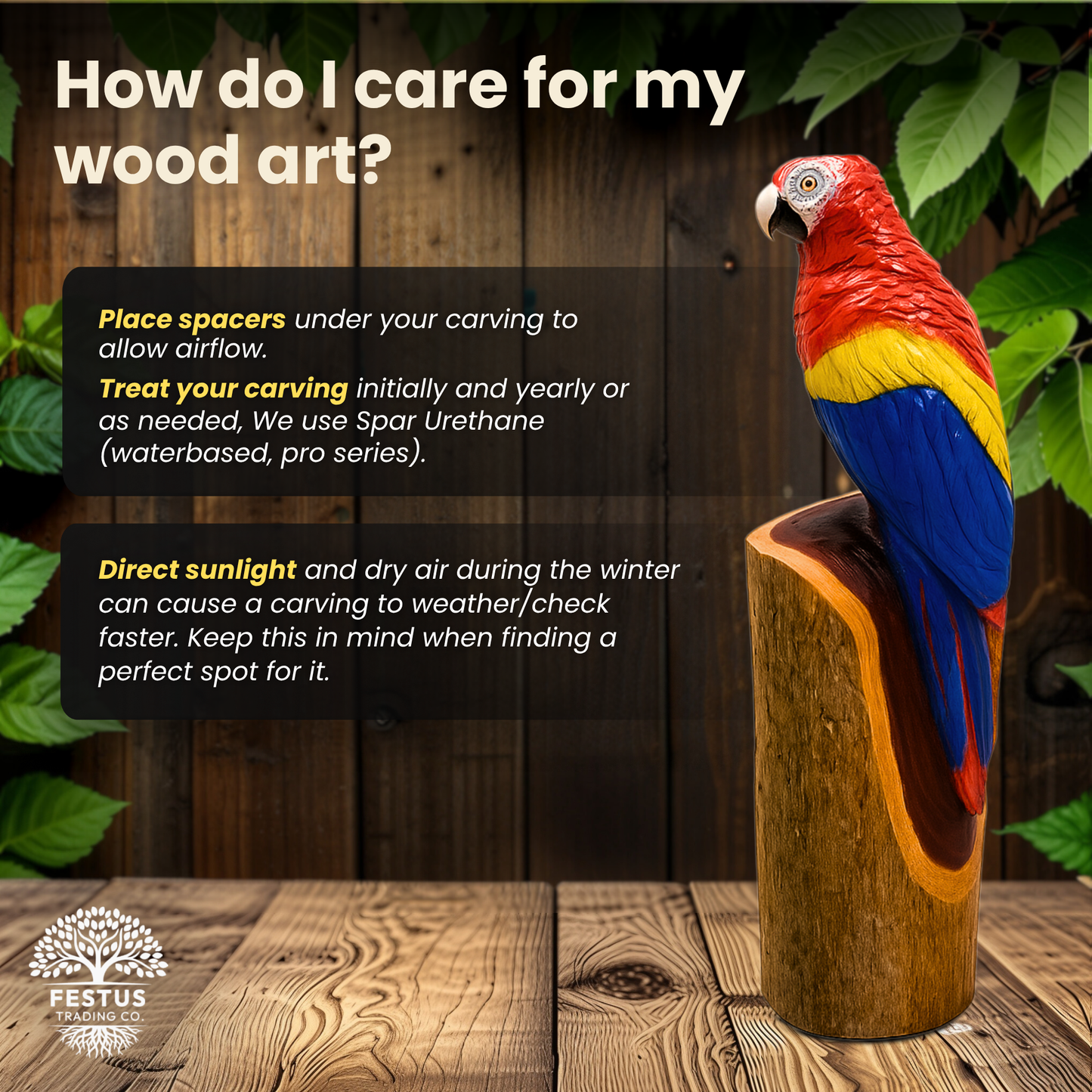 Colorful Parrot Chainsaw Carving – Hand-Painted Wooden Parrot on Cedar Log – Rustic Wildlife Décor & Bird Lover Gift