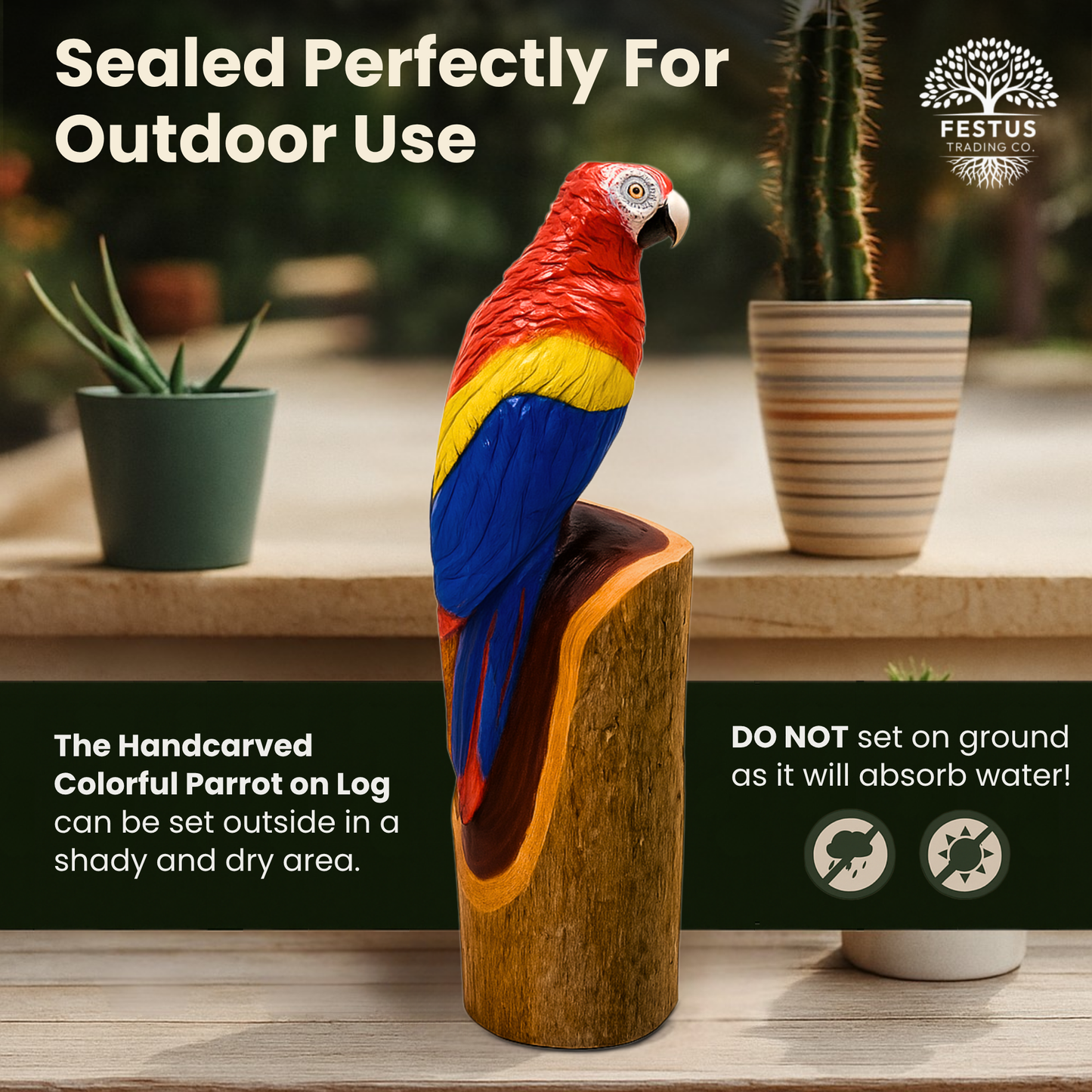 Colorful Parrot Chainsaw Carving – Hand-Painted Wooden Parrot on Cedar Log – Rustic Wildlife Décor & Bird Lover Gift