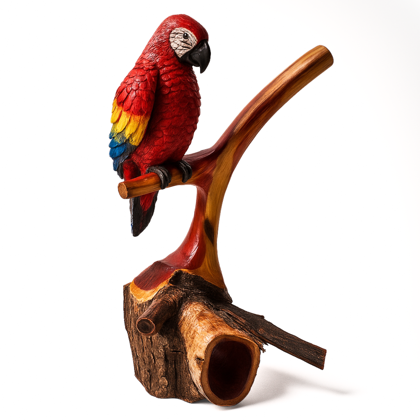 Colorful Parrot Chainsaw Carving – Hand-Painted Wooden Parrot on Cedar Log – Rustic Wildlife Décor & Bird Lover Gift