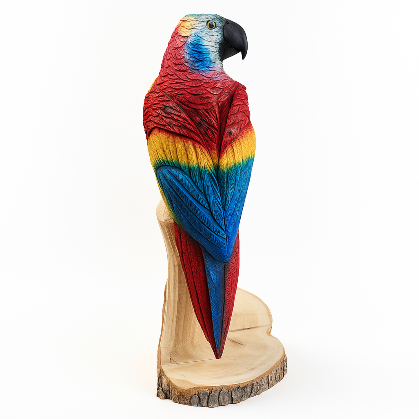 Colorful Parrot Chainsaw Carving – Hand-Painted Wooden Parrot on Cedar Log – Rustic Wildlife Décor & Bird Lover Gift