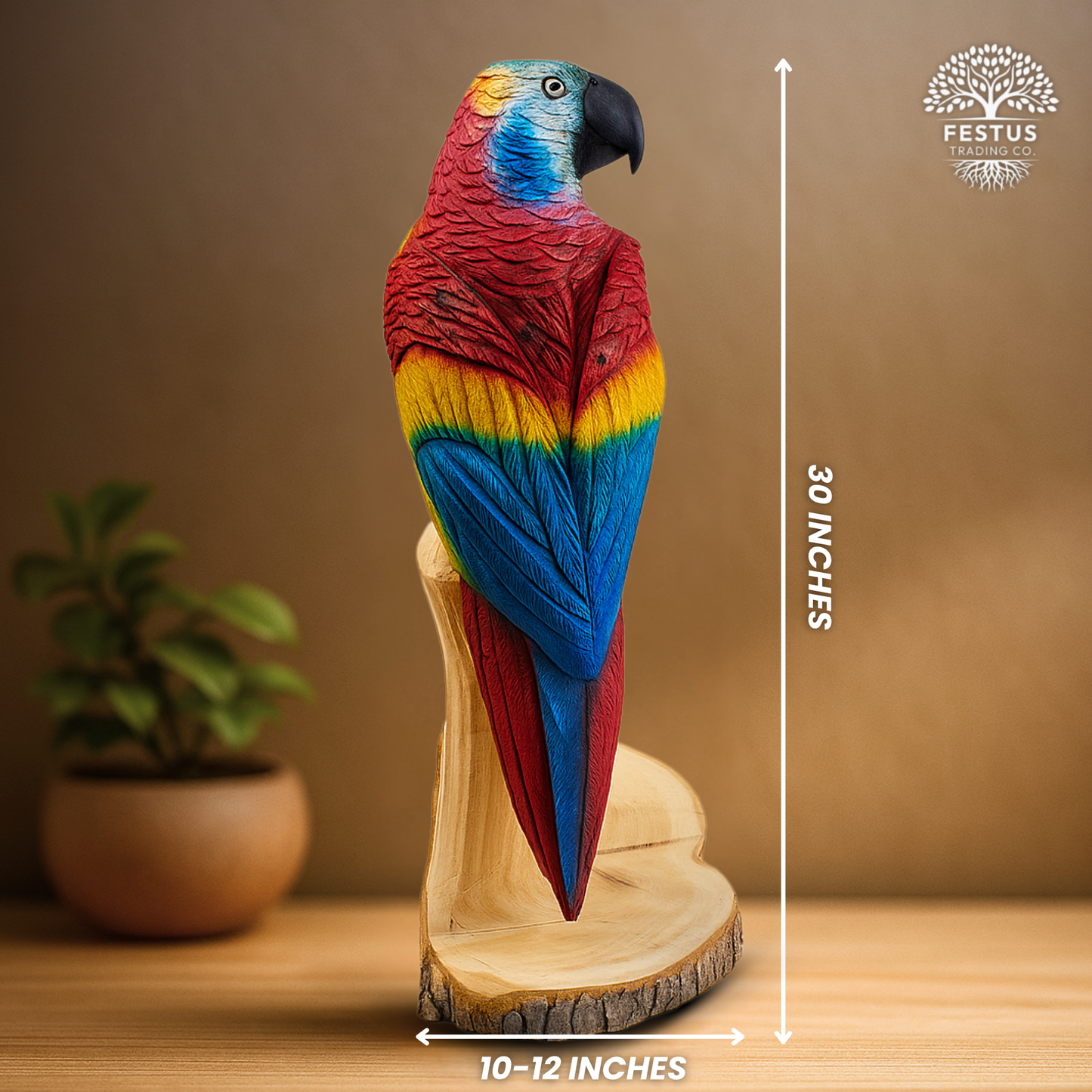 Colorful Parrot Chainsaw Carving – Hand-Painted Wooden Parrot on Cedar Log – Rustic Wildlife Décor & Bird Lover Gift