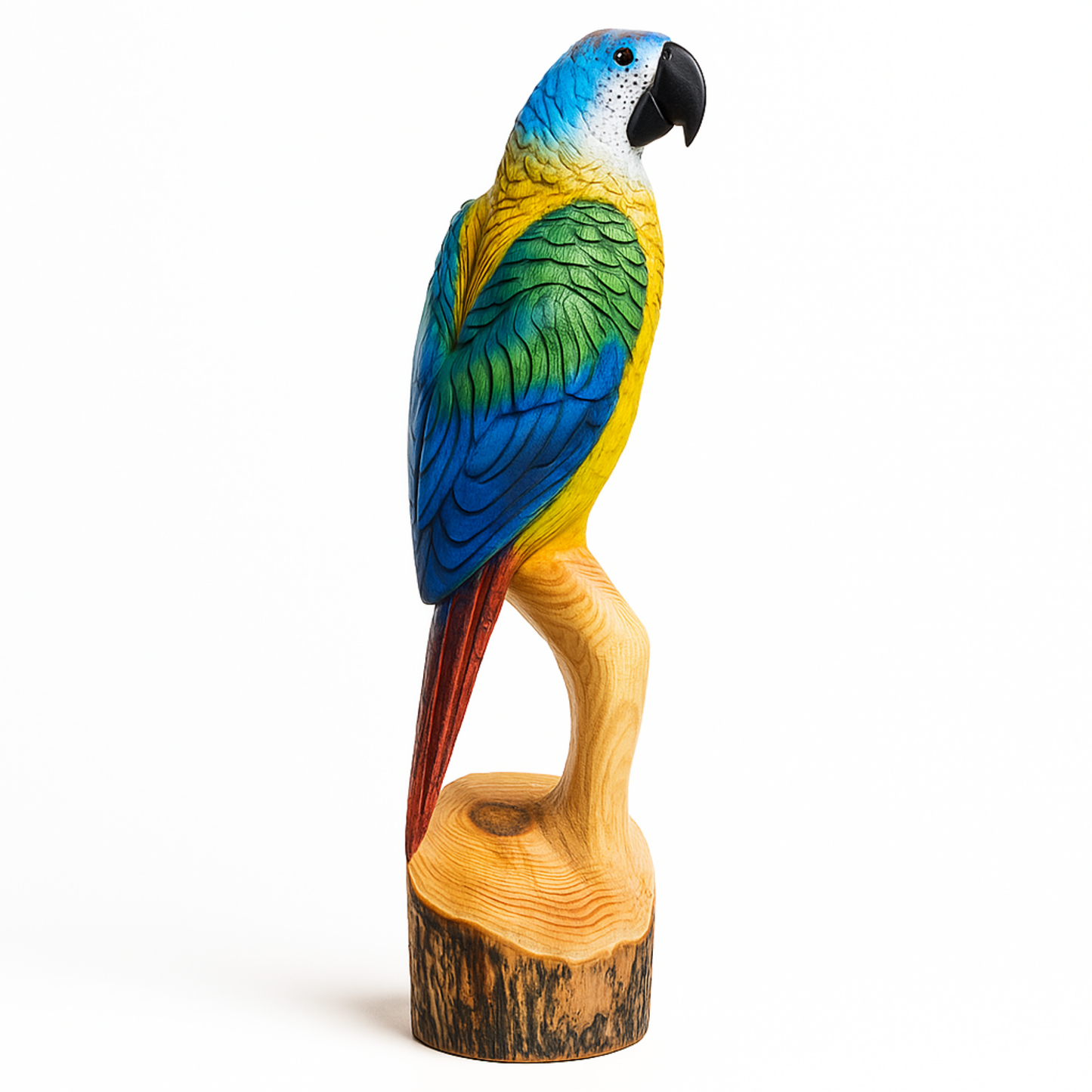 Colorful Parrot Chainsaw Carving – Hand-Painted Wooden Parrot on Cedar Log – Rustic Wildlife Décor & Bird Lover Gift