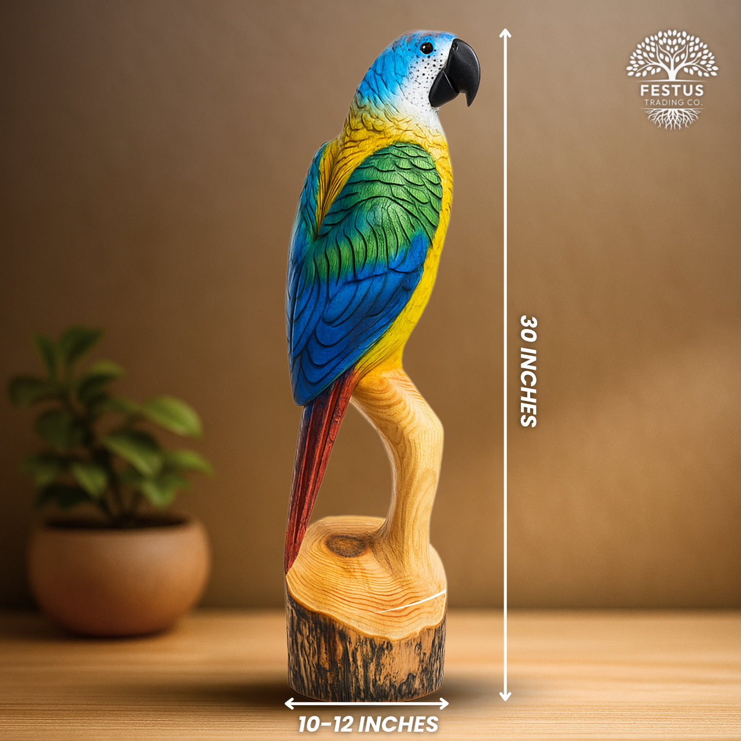 Colorful Parrot Chainsaw Carving – Hand-Painted Wooden Parrot on Cedar Log – Rustic Wildlife Décor & Bird Lover Gift