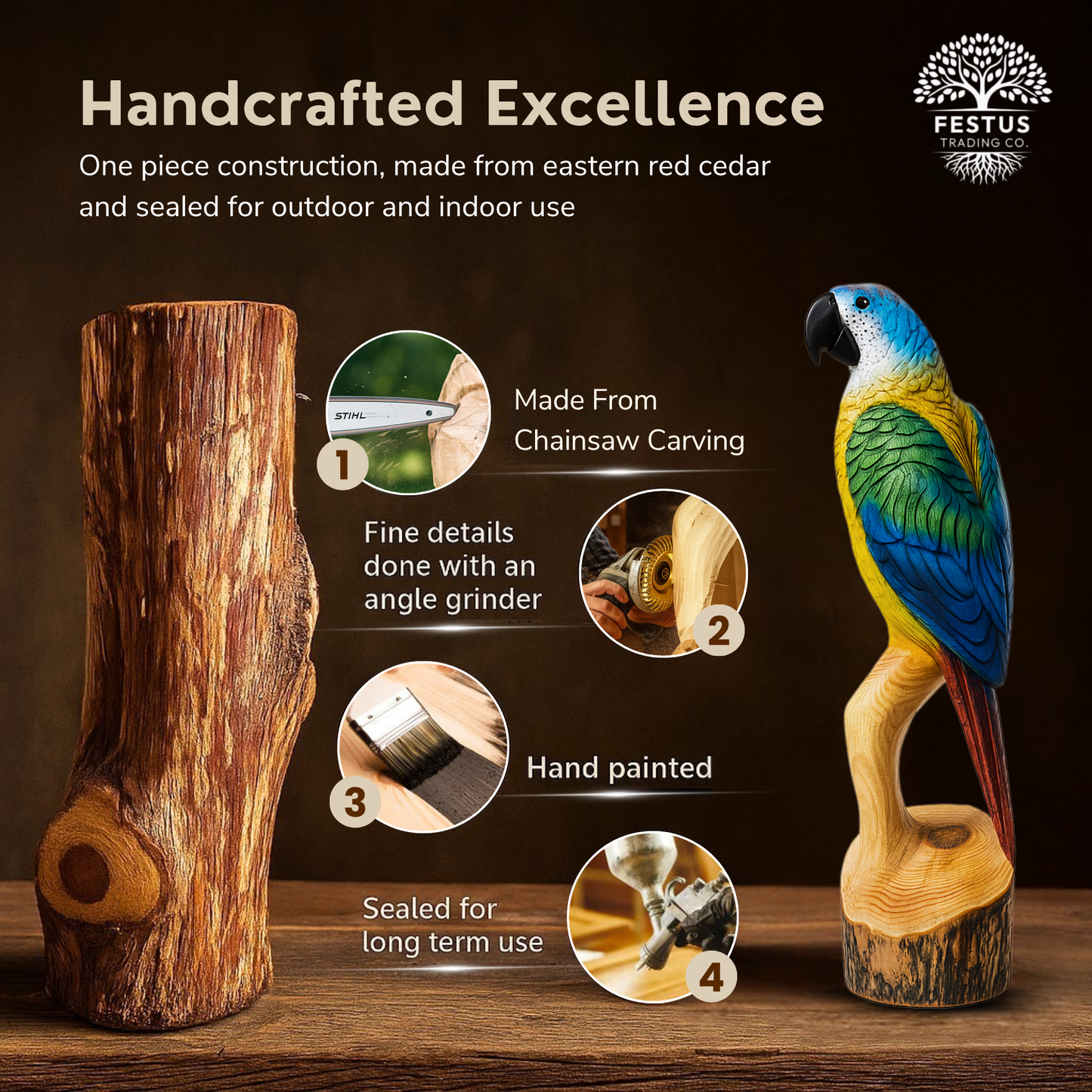 Colorful Parrot Chainsaw Carving – Hand-Painted Wooden Parrot on Cedar Log – Rustic Wildlife Décor & Bird Lover Gift