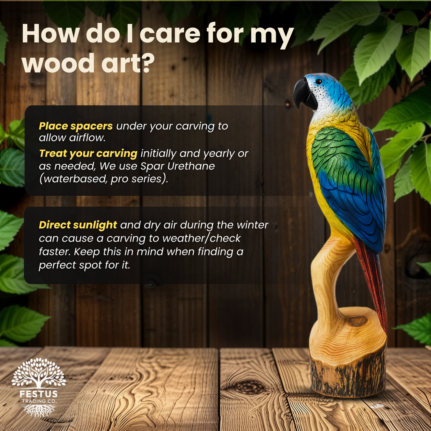 Colorful Parrot Chainsaw Carving – Hand-Painted Wooden Parrot on Cedar Log – Rustic Wildlife Décor & Bird Lover Gift