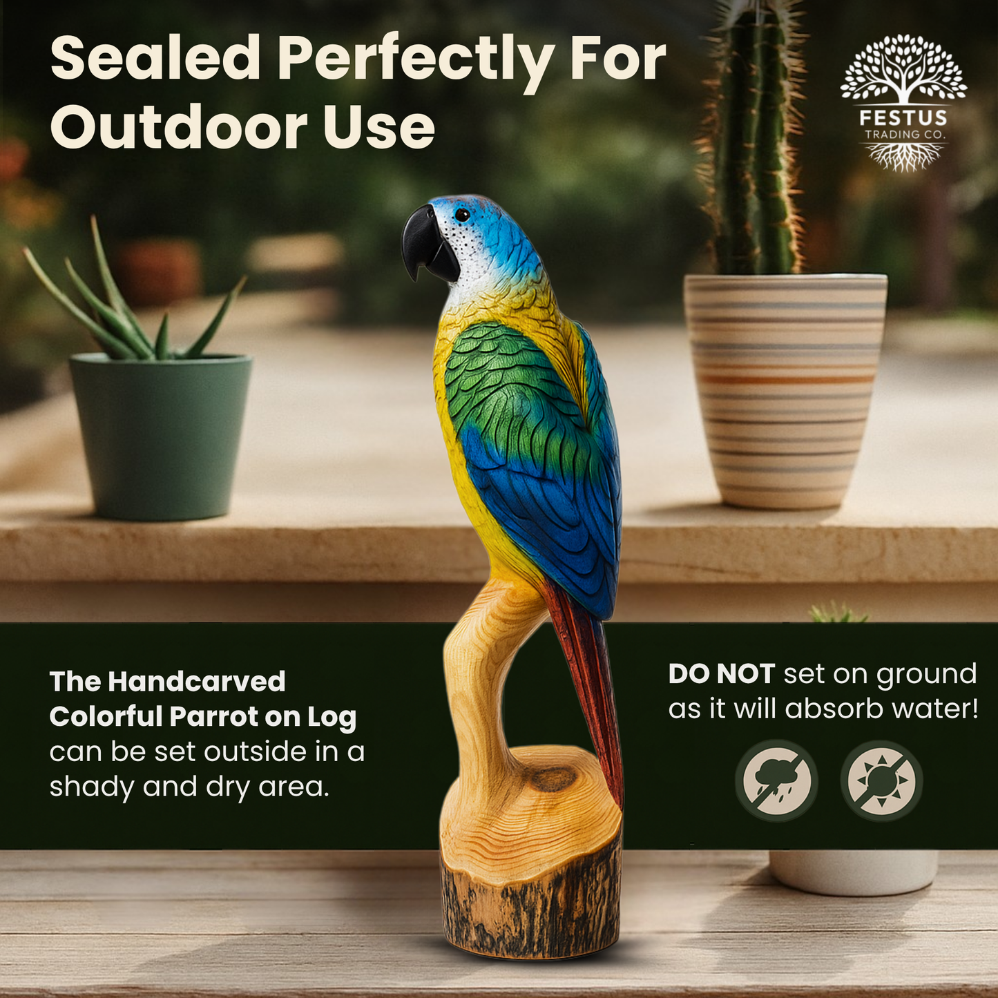 Colorful Parrot Chainsaw Carving – Hand-Painted Wooden Parrot on Cedar Log – Rustic Wildlife Décor & Bird Lover Gift