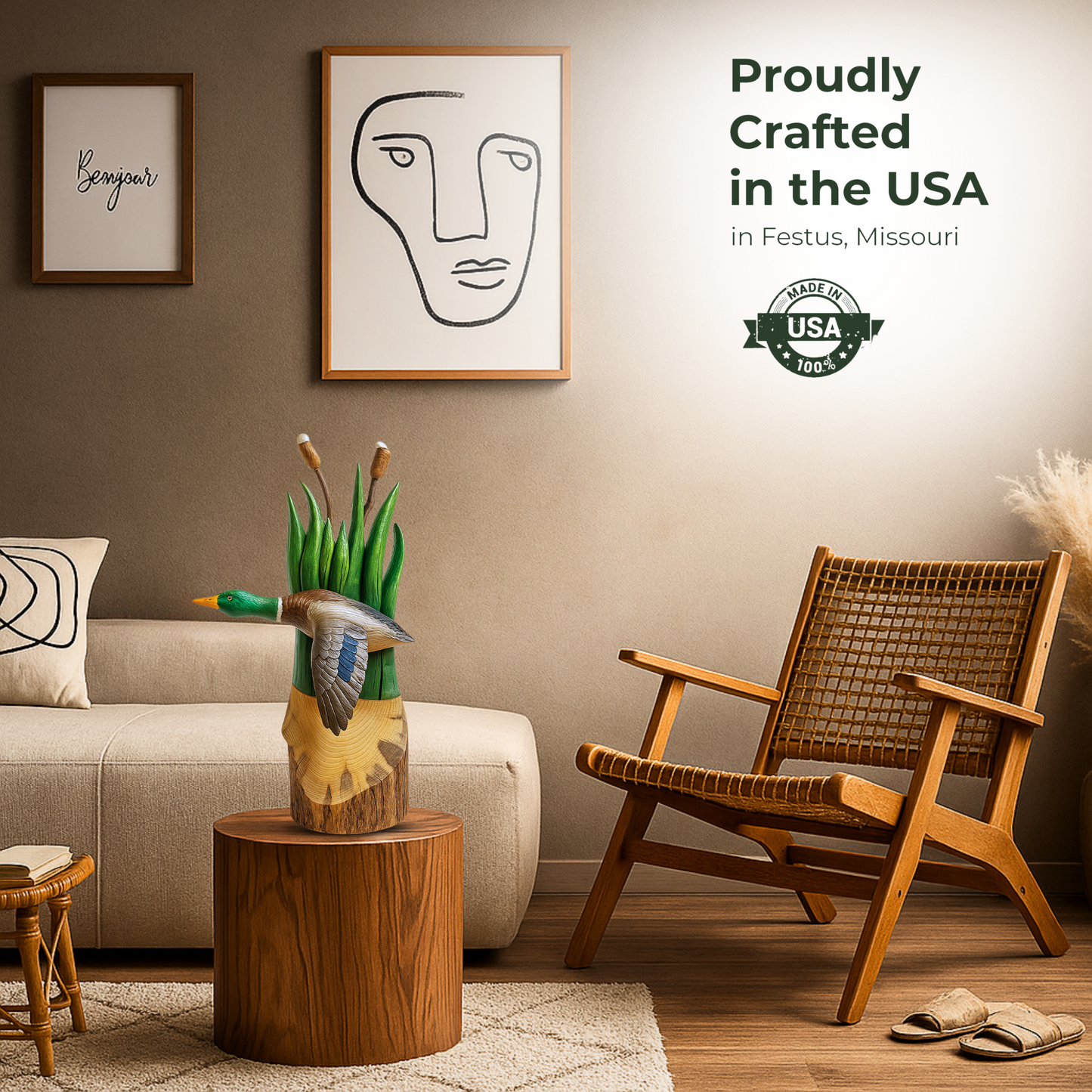 Flying Duck with Cottontail - Clear Coated - Cedar Chainsaw Carving – Handcrafted Rustic Outdoor Décor for Garden, Porch & Patio – Free US Shipping