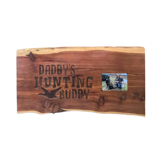 Handmade Cedar Wood Sign – “Daddy’s Hunting Buddy” Rustic Wall Décor with Deer Silhouette & Single or Double 4x6 Frames | Personalized Gift