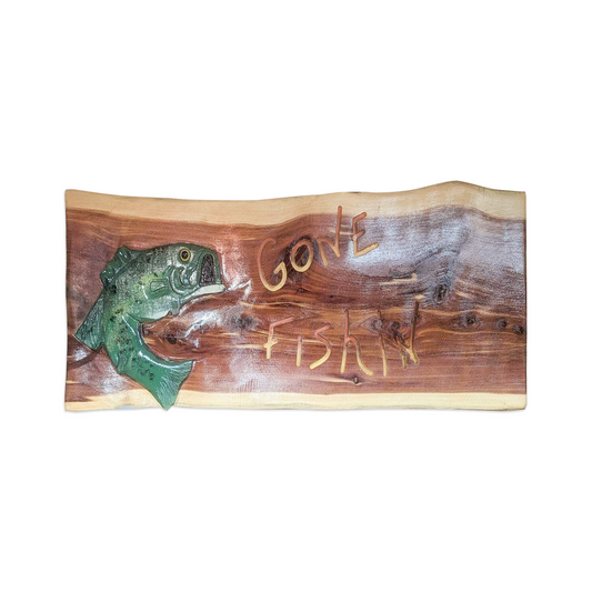 Handmade Cedar Wood Sign – Rustic “Gone Fishing’” Wall Décor with Carved Bass Design | Cabin, Lodge, Lake House, or Man Cave Gift