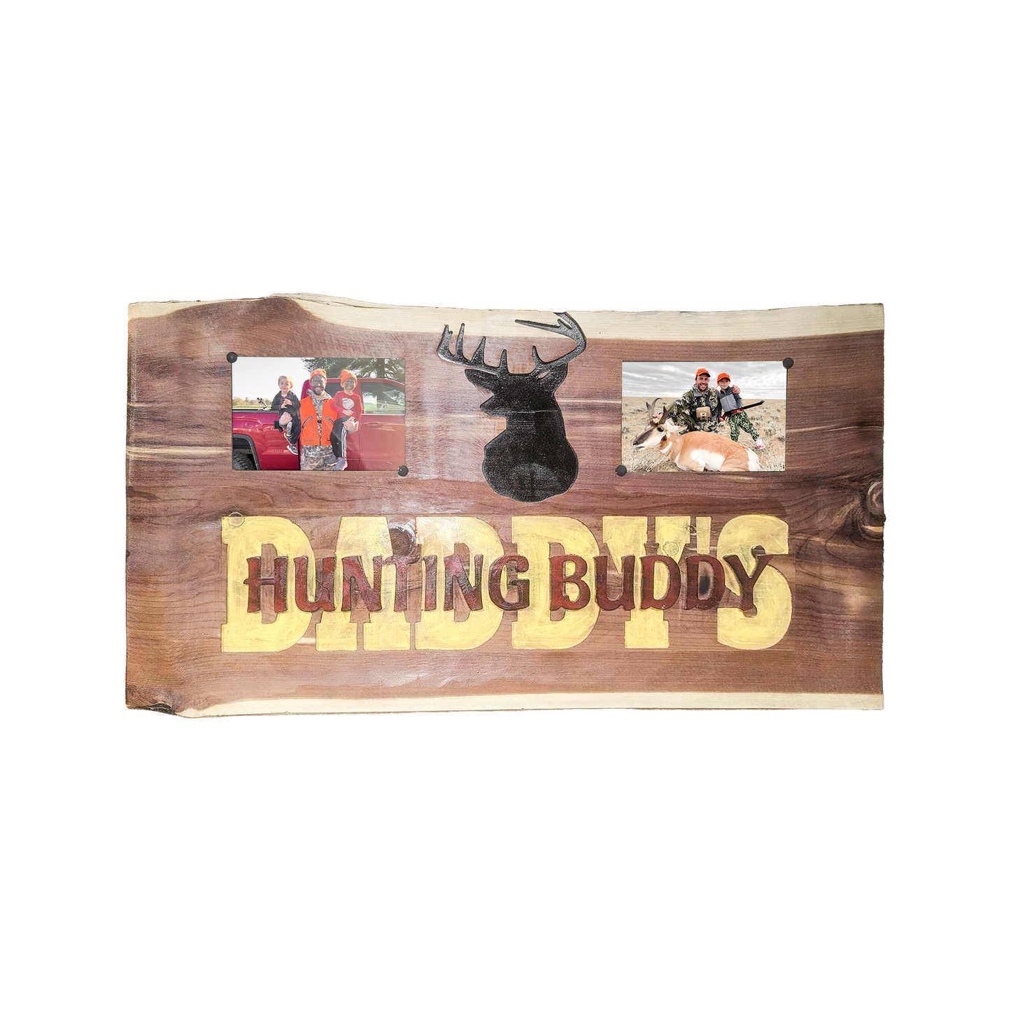 Handmade Cedar Wood Sign – “Daddy’s Hunting Buddy” Rustic Wall Décor with Deer Silhouette & Double Photo Frames | Personalized Cabin, Lodge, or Man Cave Gift | 12” x 24” x 1.5” Solid Cedar Plaque