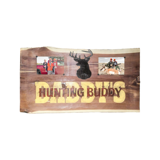 Handmade Cedar Wood Sign – “Daddy’s Hunting Buddy” Rustic Wall Décor with Deer Silhouette & Double Photo Frames | Personalized Cabin, Lodge, or Man Cave Gift | 12” x 24” x 1.5” Solid Cedar Plaque