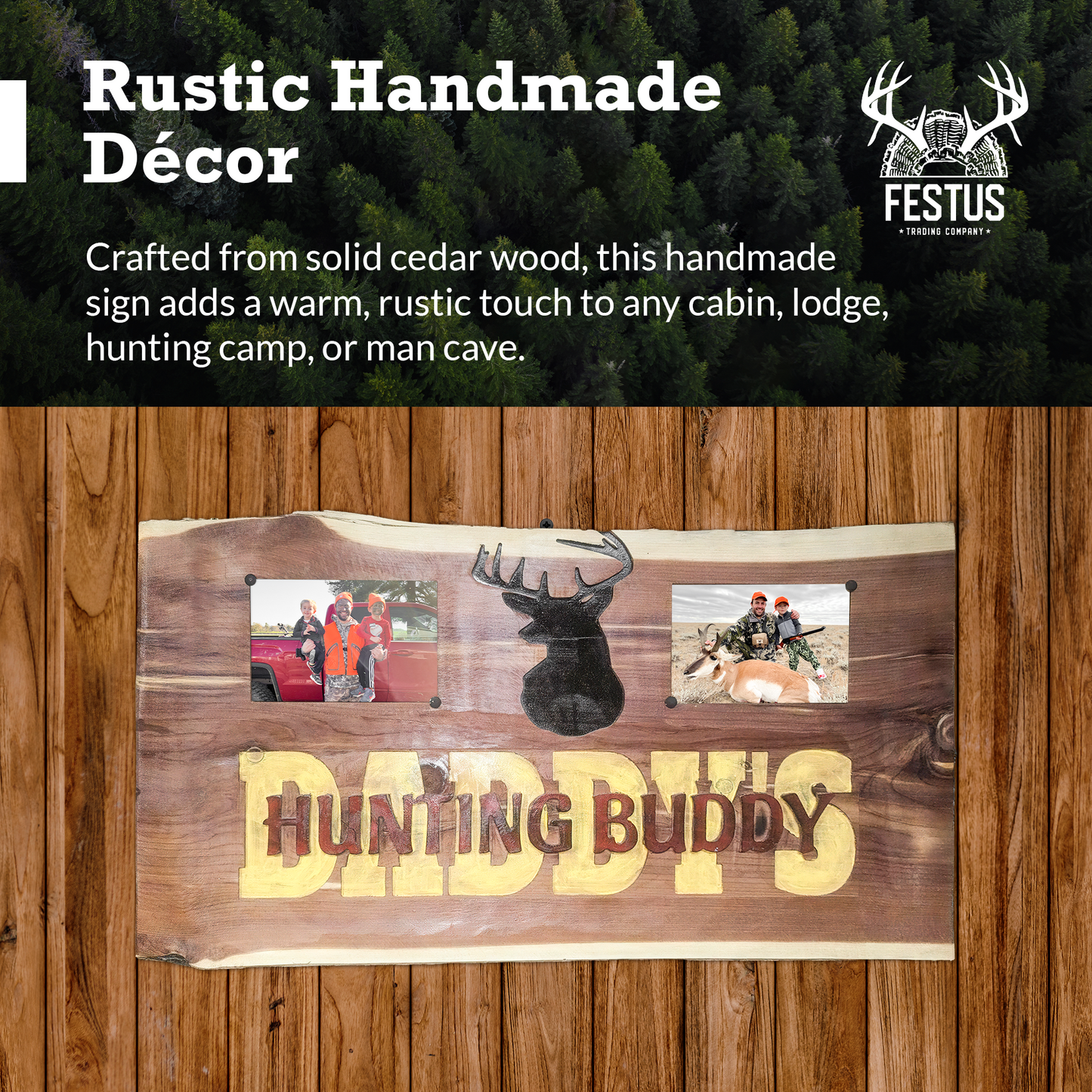 Handmade Cedar Wood Sign – “Daddy’s Hunting Buddy” Rustic Wall Décor with Deer Silhouette & Double Photo Frames | Personalized Cabin, Lodge, or Man Cave Gift | 12” x 24” x 1.5” Solid Cedar Plaque
