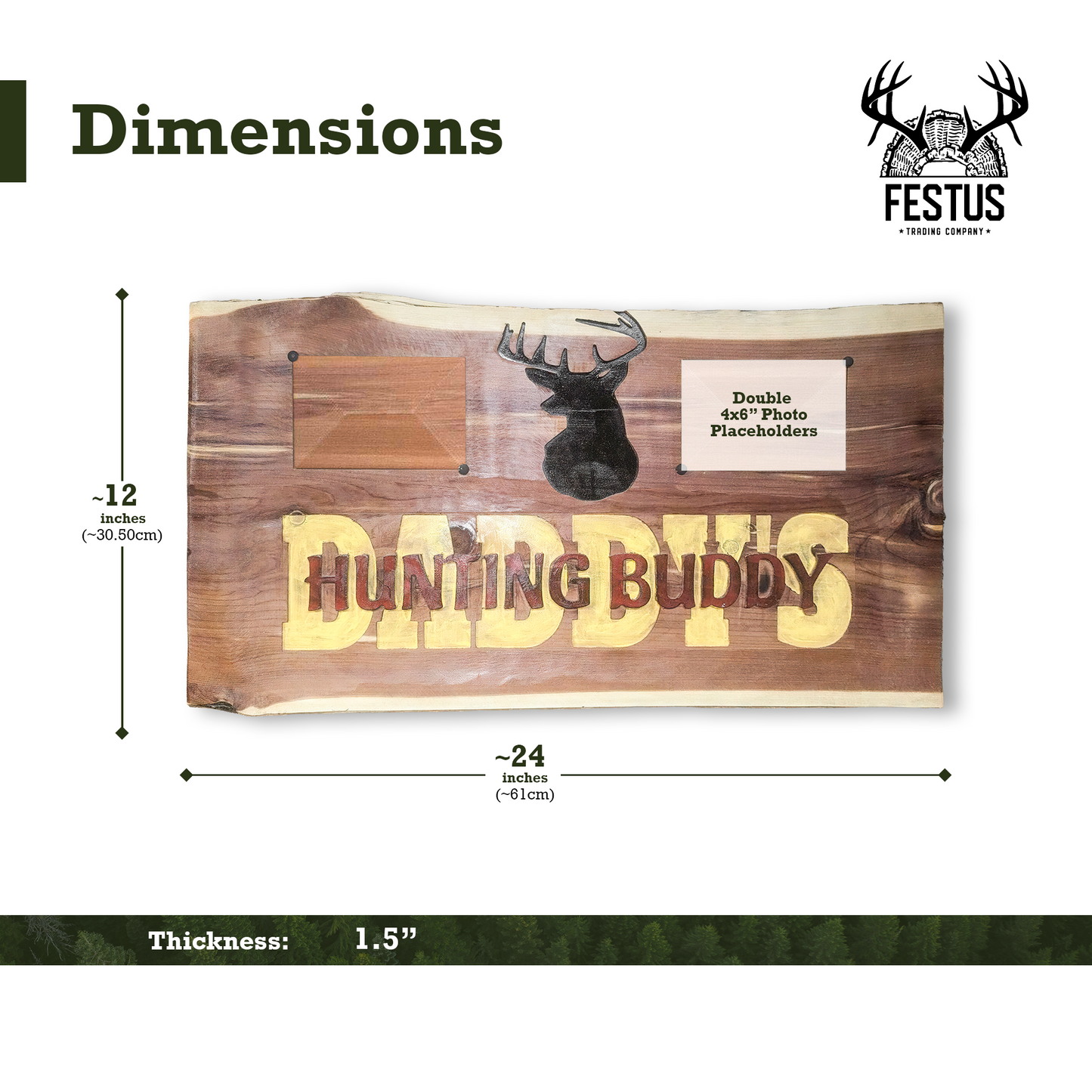 Handmade Cedar Wood Sign – “Daddy’s Hunting Buddy” Rustic Wall Décor with Deer Silhouette & Double Photo Frames | Personalized Cabin, Lodge, or Man Cave Gift | 12” x 24” x 1.5” Solid Cedar Plaque