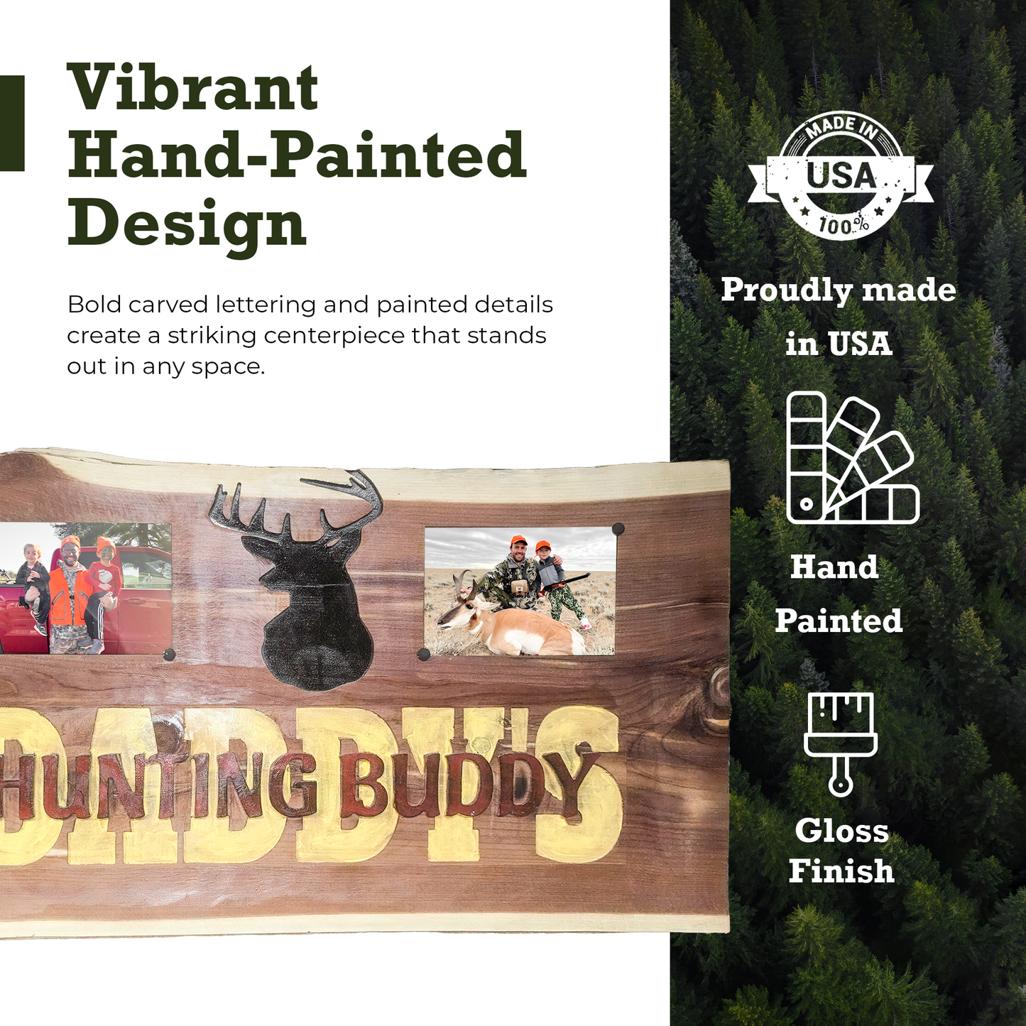 Handmade Cedar Wood Sign – “Daddy’s Hunting Buddy” Rustic Wall Décor with Deer Silhouette & Double Photo Frames | Personalized Cabin, Lodge, or Man Cave Gift | 12” x 24” x 1.5” Solid Cedar Plaque