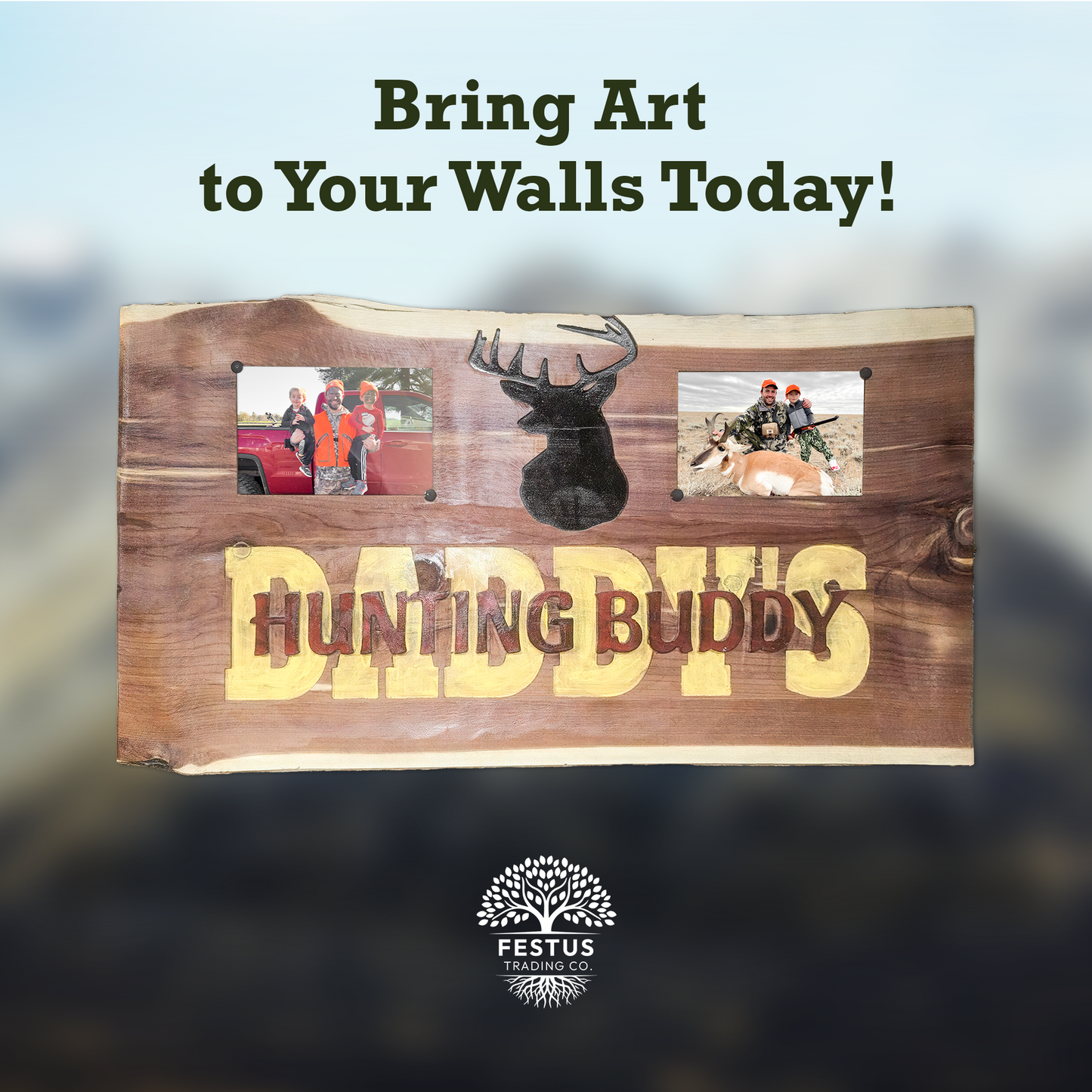 Handmade Cedar Wood Sign – “Daddy’s Hunting Buddy” Rustic Wall Décor with Deer Silhouette & Double Photo Frames | Personalized Cabin, Lodge, or Man Cave Gift | 12” x 24” x 1.5” Solid Cedar Plaque