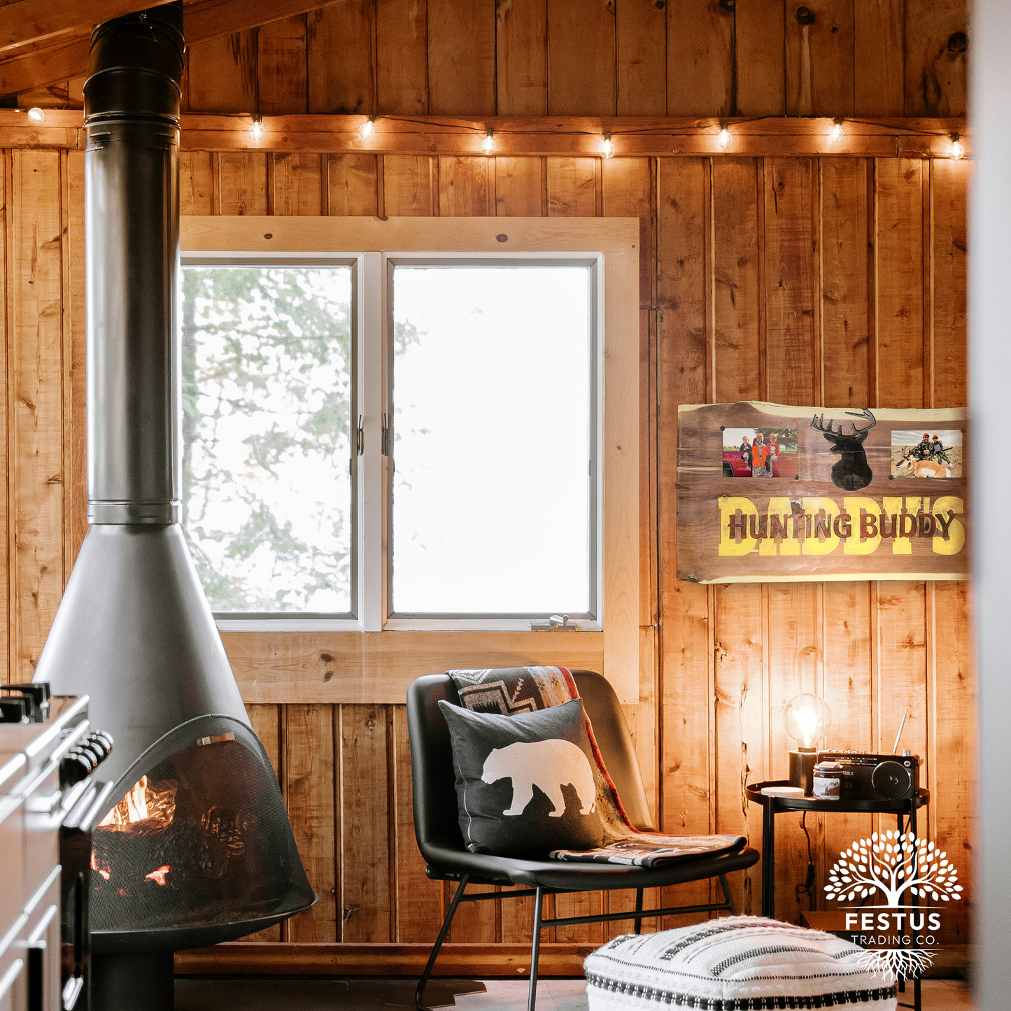 Handmade Cedar Wood Sign – “Daddy’s Hunting Buddy” Rustic Wall Décor with Deer Silhouette & Double Photo Frames | Personalized Cabin, Lodge, or Man Cave Gift | 12” x 24” x 1.5” Solid Cedar Plaque