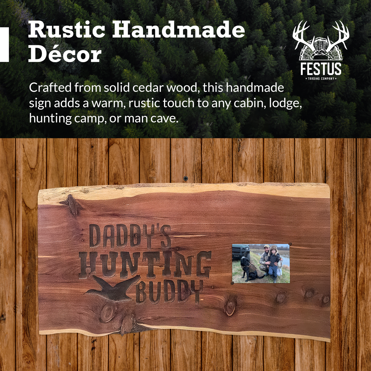 Handmade Cedar Wood Sign – “Daddy’s Hunting Buddy” Rustic Wall Décor with Deer Silhouette & Single or Double 4x6 Frames | Personalized Gift