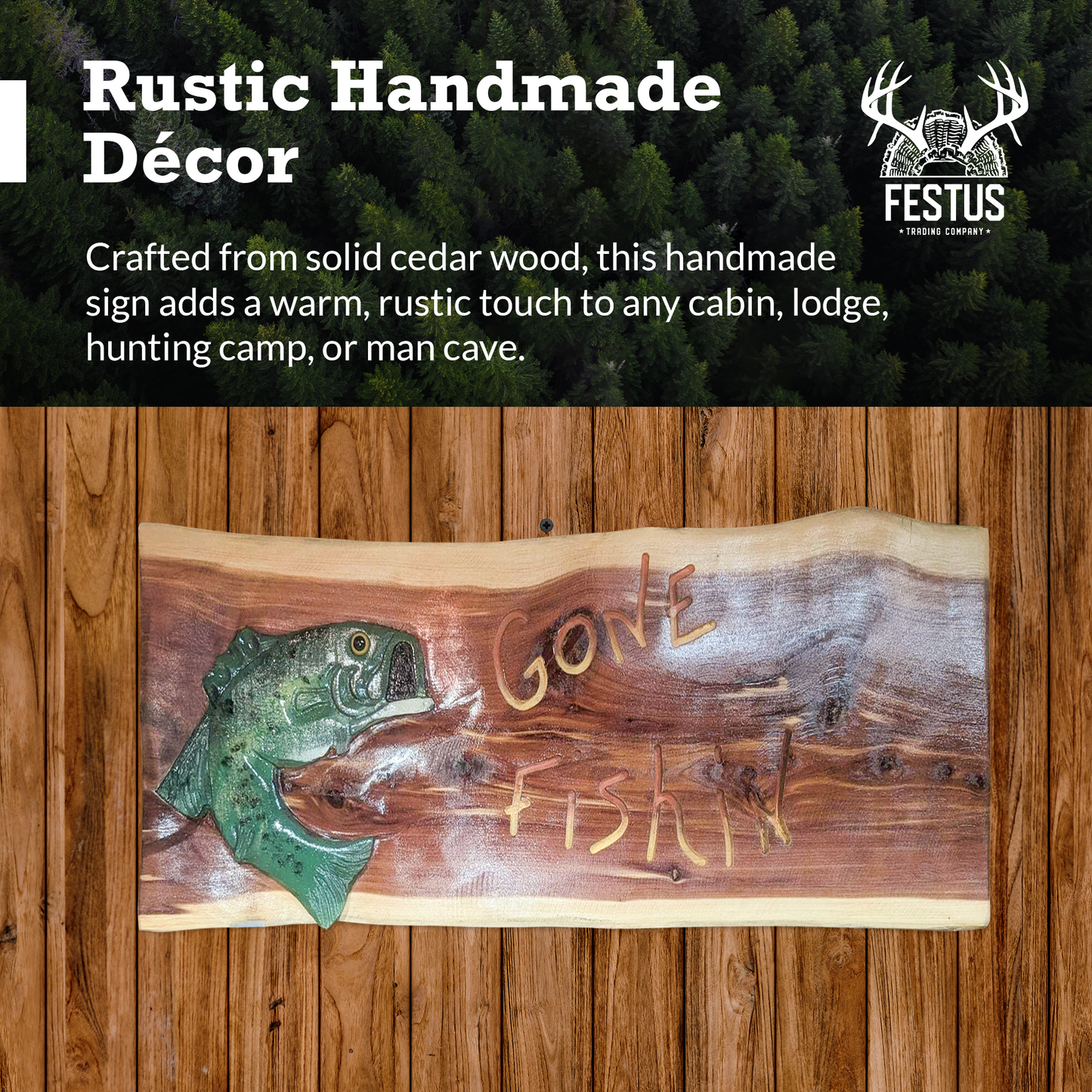 Handmade Cedar Wood Sign – Rustic “Gone Fishing’” Wall Décor with Carved Bass Design | Cabin, Lodge, Lake House, or Man Cave Gift