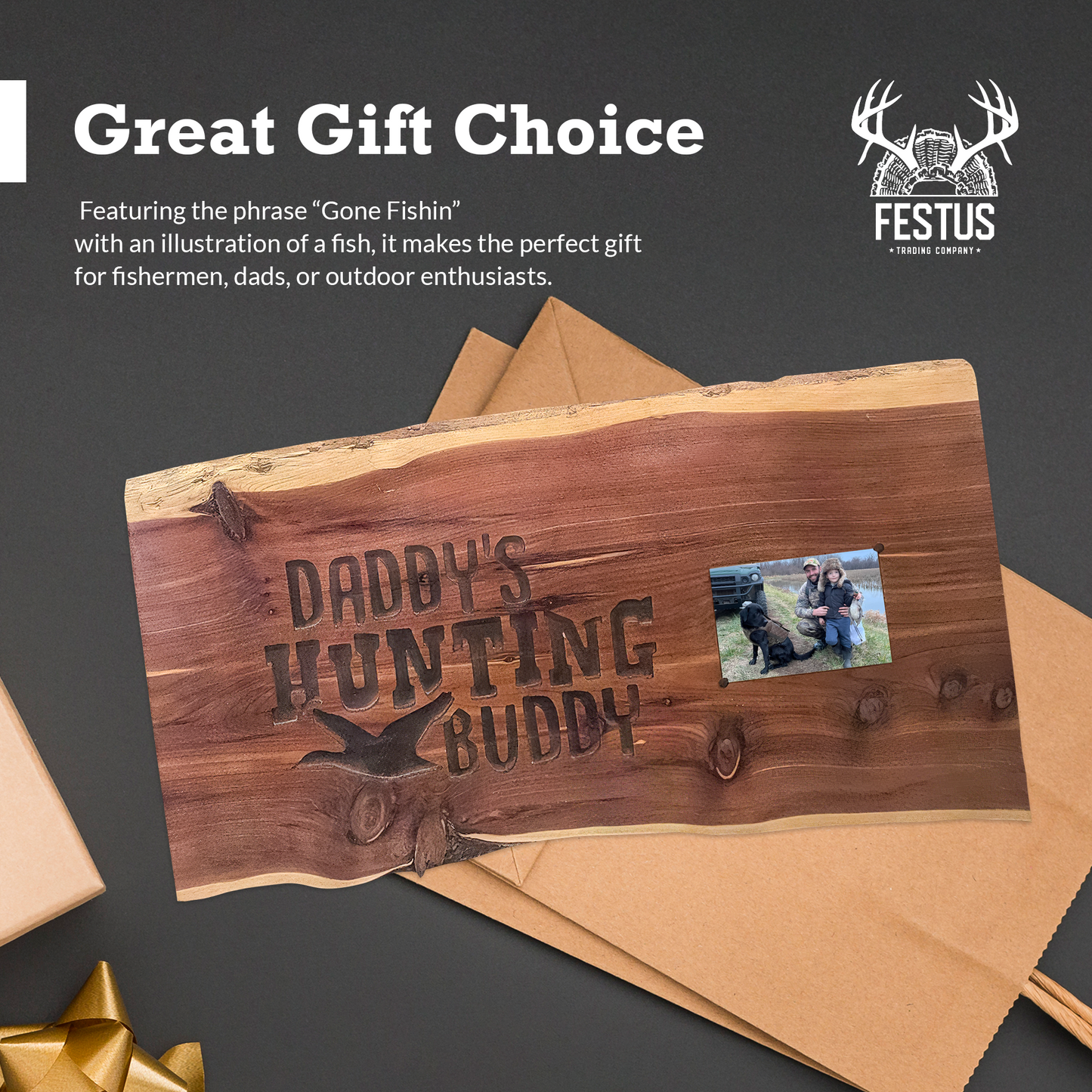 Handmade Cedar Wood Sign – “Daddy’s Hunting Buddy” Rustic Wall Décor with Deer Silhouette & Single or Double 4x6 Frames | Personalized Gift