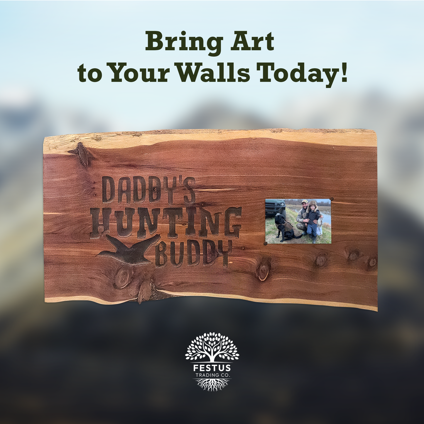 Handmade Cedar Wood Sign – “Daddy’s Hunting Buddy” Rustic Wall Décor with Deer Silhouette & Single or Double 4x6 Frames | Personalized Gift