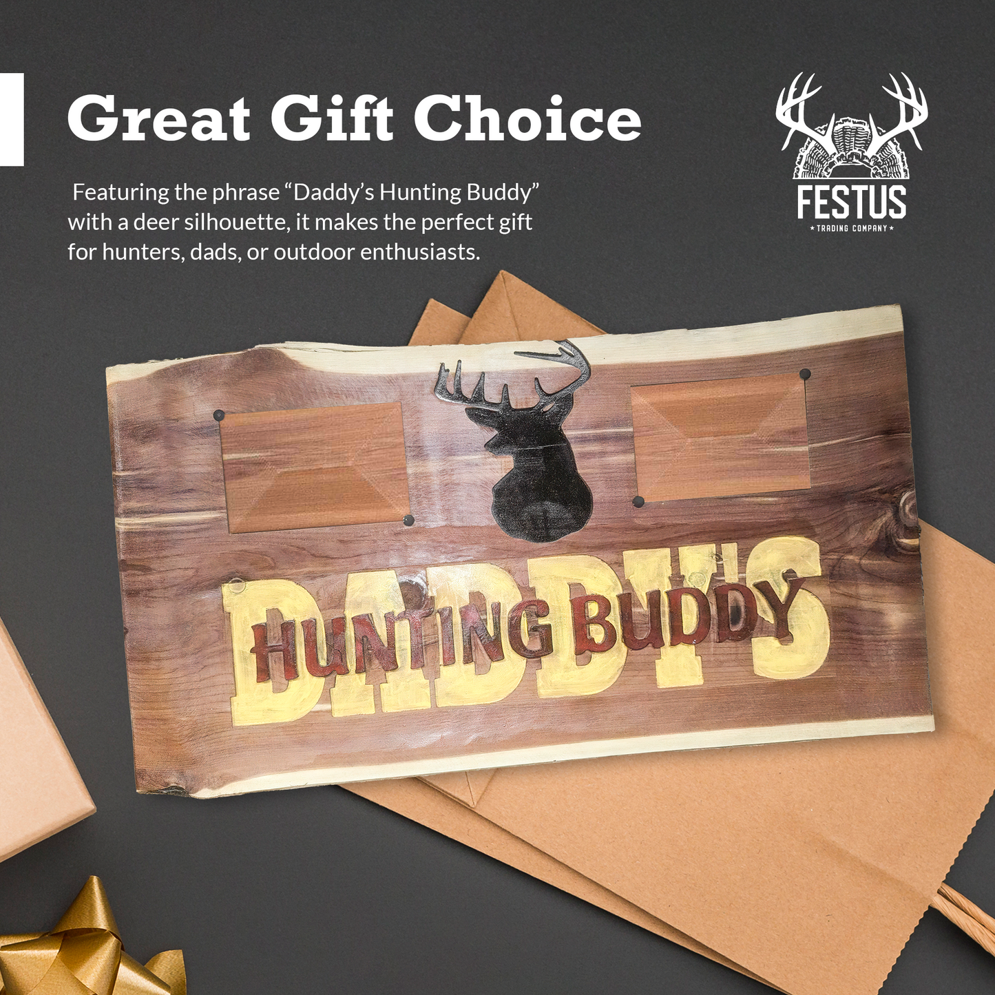 Handmade Cedar Wood Sign – “Daddy’s Hunting Buddy” Rustic Wall Décor with Deer Silhouette & Single or Double 4x6 Frames | Personalized Gift