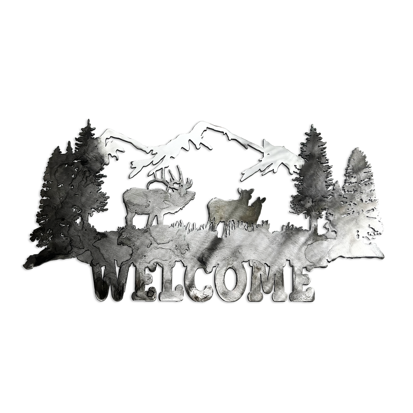 Metal Mountain Scene With Elk Welcome Sign – Nature Decor Rustic Wall Art Mountain Decor for Living Room, Metal Mountain Wall Art, Metal Elk Wall Art, Office, Cabin Decor & Lodge Décor