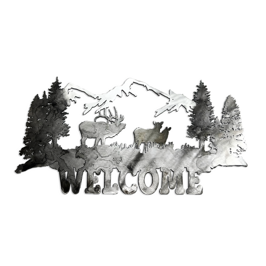 Mountain Scene with Elk Welcome Sign Art
