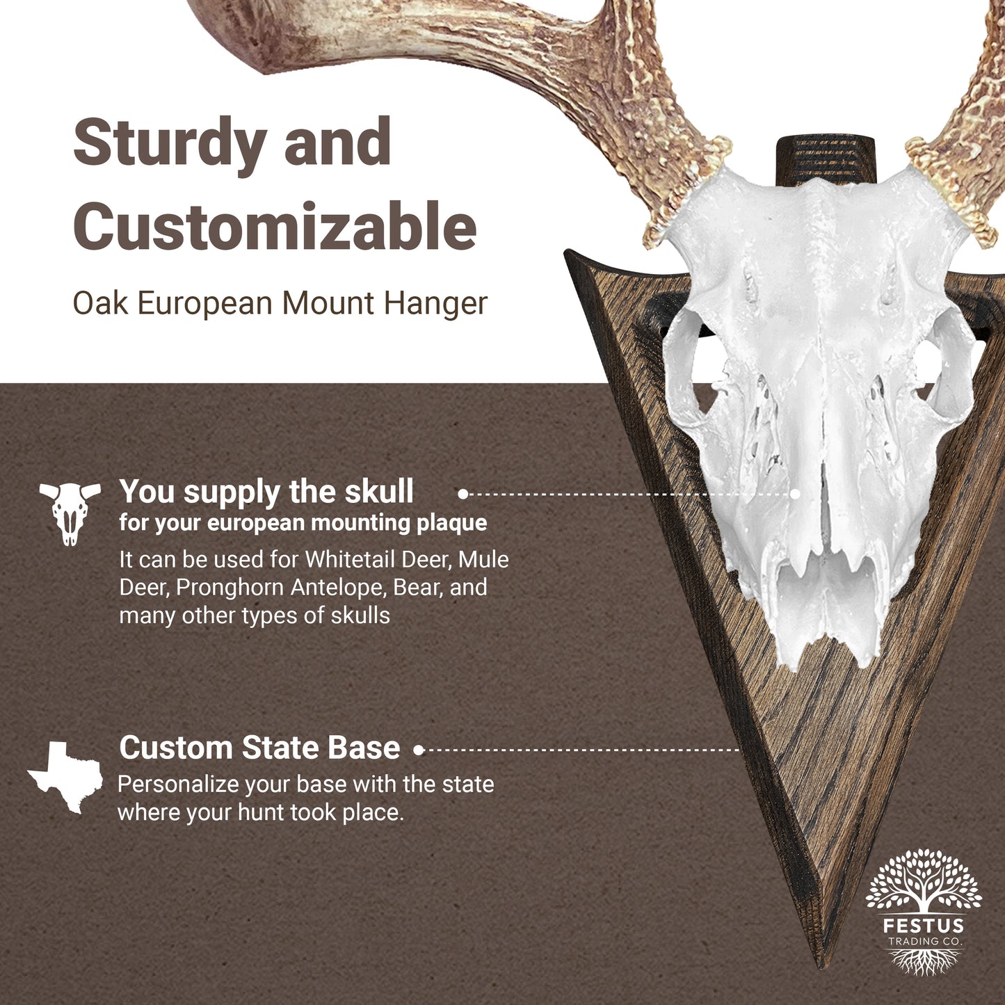 Swan Neck Arrowhead European Mount Plaques (State Base) with Epoxy Resin Finish - Custom Color Photo, Deer Stand Brackets, Sturdy Multi-Species Skull Hanger for Deer, Turkey Tail Mounting Plaque, Skull Hookers, Made in the USA