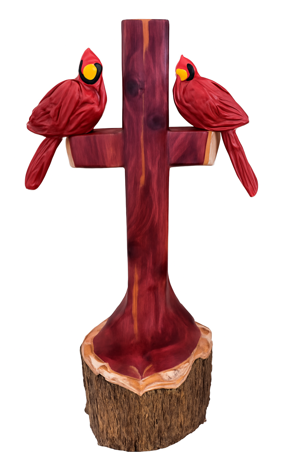 One/Two Cedar Cardinals on a Cross – Handmade Chainsaw Carving | Rustic Outdoor Décor & Memorial Art