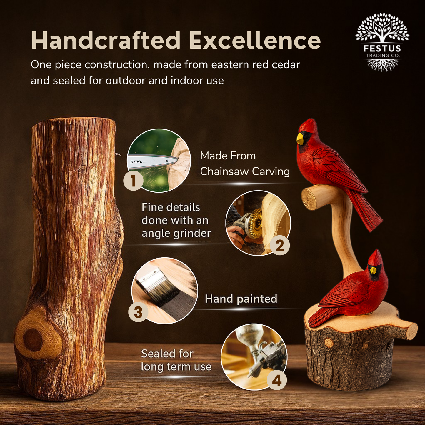 Handcarved Cedar Double Birds on Perch – Custom Chainsaw Carving – Rustic Wildlife Décor – Cardinal, Owl, Blue Jay, or Eagle Sculpture