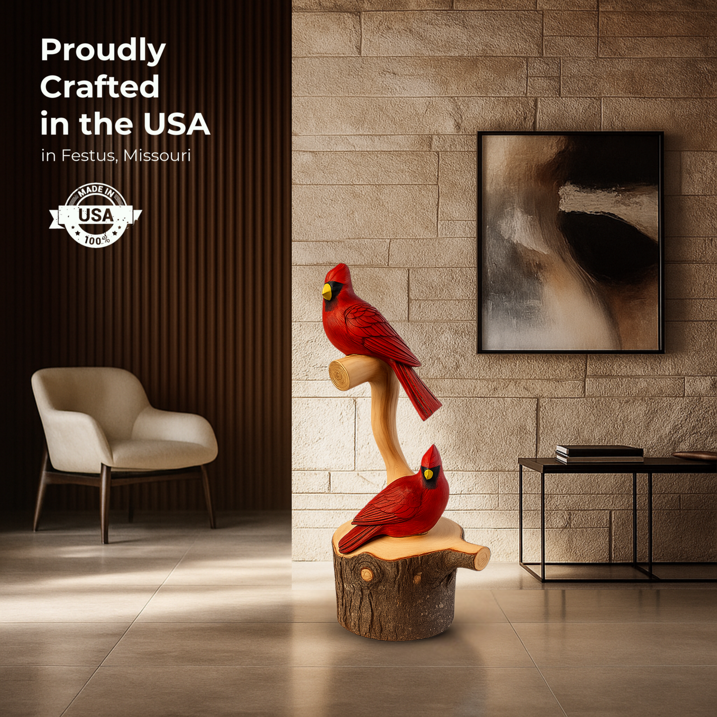 Handcarved Cedar Double Birds on Perch – Custom Chainsaw Carving – Rustic Wildlife Décor – Cardinal, Owl, Blue Jay, or Eagle Sculpture