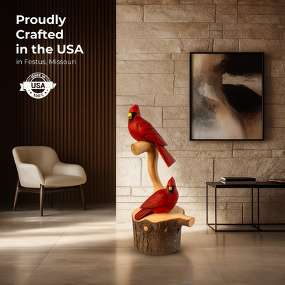 Handcarved Cedar Double Birds on Perch – Custom Chainsaw Carving – Rustic Wildlife Décor – Cardinal, Owl, Blue Jay, or Eagle Sculpture