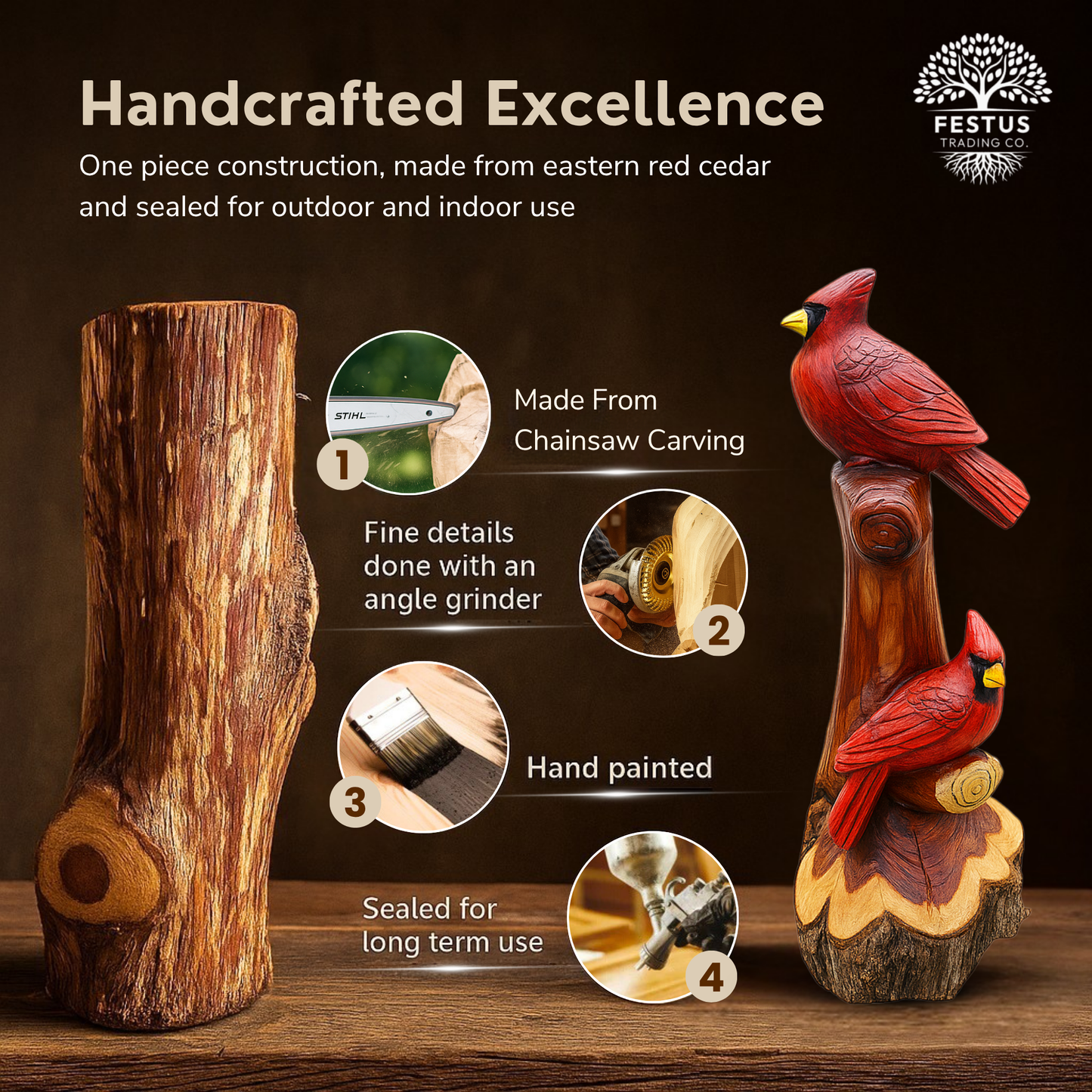 Handcarved Cedar Double Birds on Perch – Custom Chainsaw Carving – Rustic Wildlife Décor – Cardinal, Owl, Blue Jay, or Eagle Sculpture