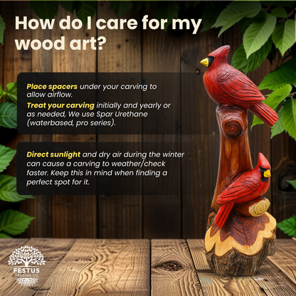 Handcarved Cedar Double Birds on Perch – Custom Chainsaw Carving – Rustic Wildlife Décor – Cardinal, Owl, Blue Jay, or Eagle Sculpture