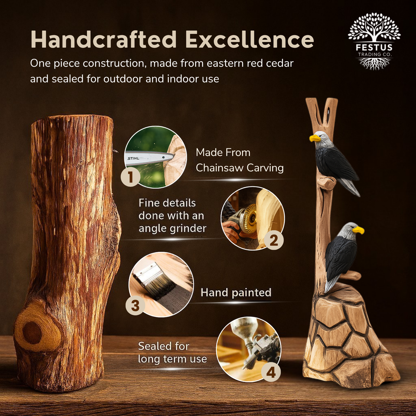 Handcarved Cedar Double Birds on Perch – Custom Chainsaw Carving – Rustic Wildlife Décor – Cardinal, Owl, Blue Jay, or Eagle Sculpture