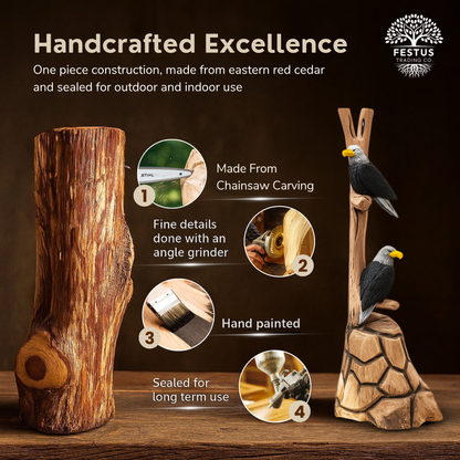 Handcarved Cedar Double Birds on Perch – Custom Chainsaw Carving – Rustic Wildlife Décor – Cardinal, Owl, Blue Jay, or Eagle Sculpture