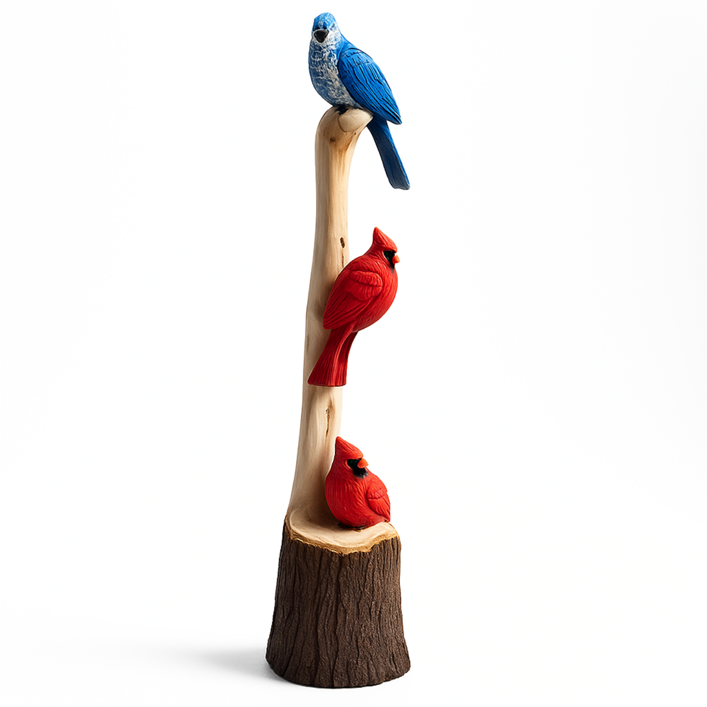 Handcarved Cedar Triple Birds on Perch – Custom Chainsaw Carving – Rustic Wildlife Décor – Cardinal, Owl, Blue Jay, or Eagle Sculpture