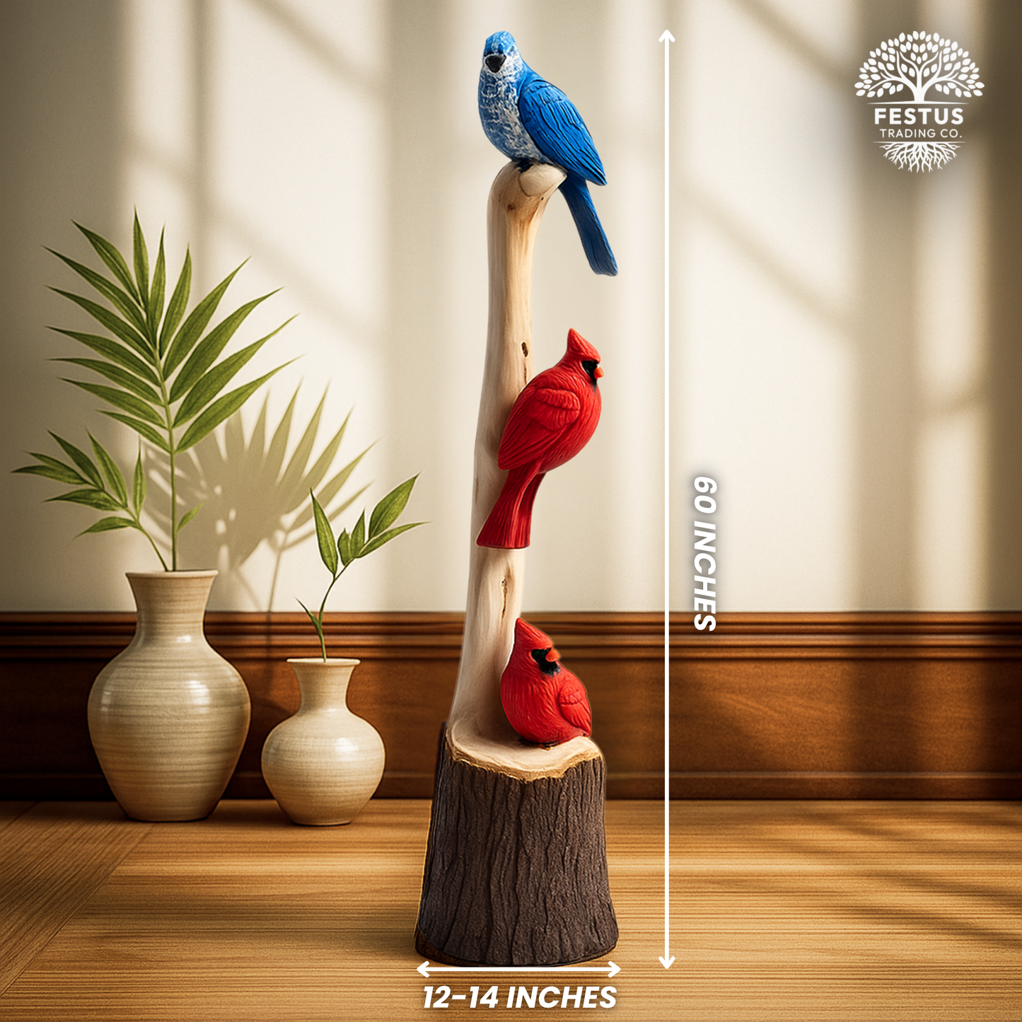 Handcarved Cedar Triple Birds on Perch – Custom Chainsaw Carving – Rustic Wildlife Décor – Cardinal, Owl, Blue Jay, or Eagle Sculpture